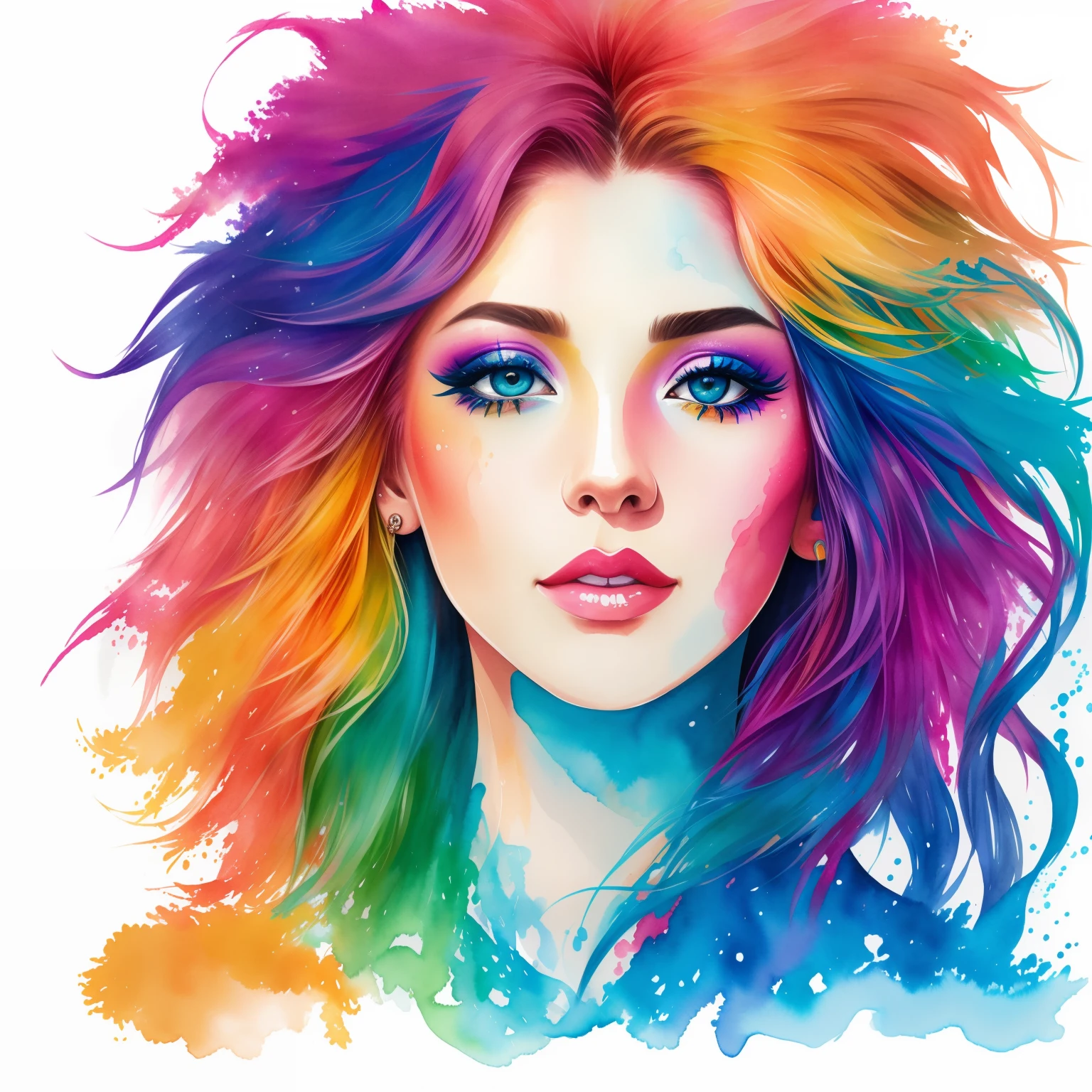Close-up of a woman with colorful hair and bright makeup, number art, painted in bright water colors, proud expression, Anime beauty, Extremely colorful, Colorful illustrations, lion, half lion, , multicolored tshirt art,aquarelle,Delicate watercolor