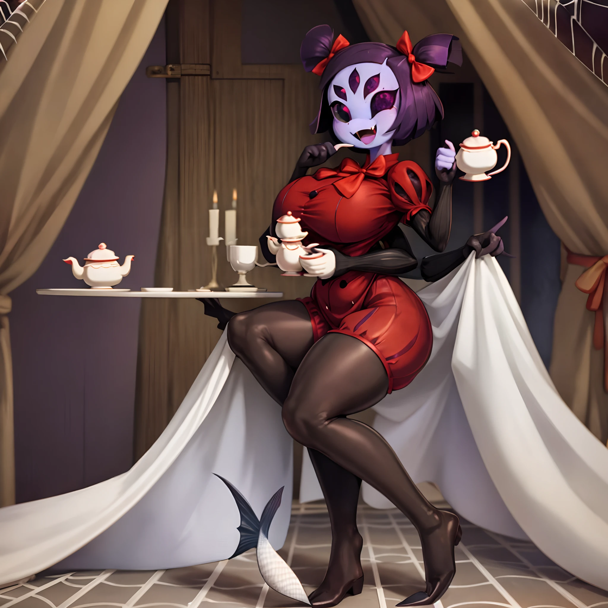 masterpiece, best quality, a beautiful and detailed portriat of muffet,(muffetwear), monster girl,((purple body:1.3)),humanoid, arachnid, anthro,((fangs)),pigtails,hair bows,5 eyes,spider girl,6 arms,solo,smile, clothed, open mouth, awesome and detailed background, holding teapot, holding teacup, 6 hands,detailed hands,((spider webs:1.4)), storefront that sells pastries and tea,bloomers,(red and black clothing),inside,pouring into teacup,wide angle lens, ((fish eye effect)) ,armwear, thick_thighs, spread legs, knees,huge breast, curvy