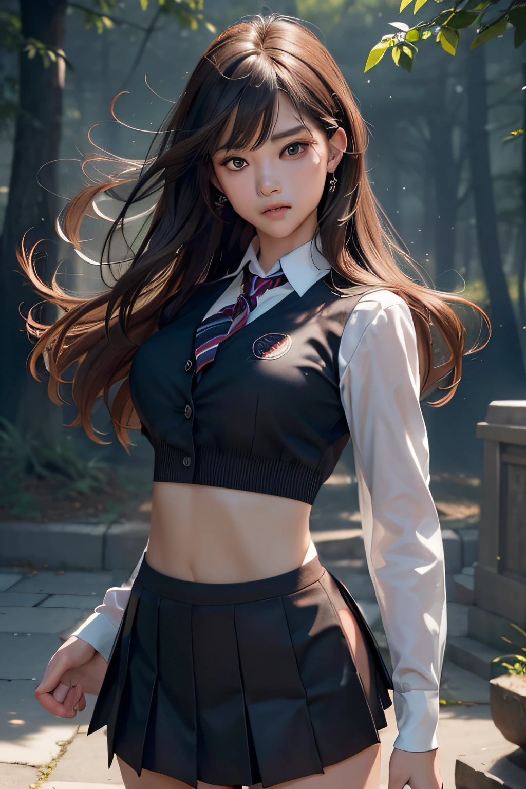 Create images with a sense of depth and three-dimensionality,(1womanl:1.2),(School uniform, 校服:1.5), Glowing skin, thighs thighs thighs thighs, (feeling of disgust,angry:1.2), detailed layered skirt armor, Analog 150mm lens、Beautiful Natural Soft Rim Light、 (masutepiece),((Ultra-detailed)), (High Definition CG Illustration), (Best Quality:1.2),realistic8K UHD, High Definition,(1girl in:1.2),high quality texture, Intricate details, Detailed texture, high detailing, extremely details CG, high quality shadow, realistic representation of face, Detailed beautiful delicate face, Detailed beautiful delicate eyes, brown eye pupil, A perfectly proportioned face, depth of fields, Cinematic Light, Lens Flare, Ray tracing,Perspective,20s, a prominent nose, Slender face, Tall Girl, (Big eyes:1.2),Blushing cheeks, Perfect body,(Narrow waist:1.3), medium breasts⁩, Distinct_image, high_resolution, (Lustrous skin), Solo Focus, (Brown hair), (finely detailed beautiful eyes and detailed face),(Detailed face), light source contrast, Loose and fluffy curls　Long hair, ((Evil_Smile)), (pureerosface_v1:0.5) ,Dutch Angle,Good anatomy),Dynamic Pose, actionpose, open pose, Dynamic Angle,(Dynamic Angle:1.2), Spark Art, [(The Art of Norman Rockwell:1.2)],top-quality、​masterpiece、超A high resolution、1girl in、Beautiful_Face、(Brown eyes)Evil_Smile,Detailed skin、Balloons、full body Esbian、dynamic ungle、A dark-haired、Focus、Look at viewers、Black eyes、Hair that flutters in the wind、Very long hair,reddish、raise two hands、(While emphasizing the subject's hair, Eyes, Mouth, Eta、pleasing to the eye、Acting in thought-provoking compositions.),exudes depressive emotions, Features a soothing tone