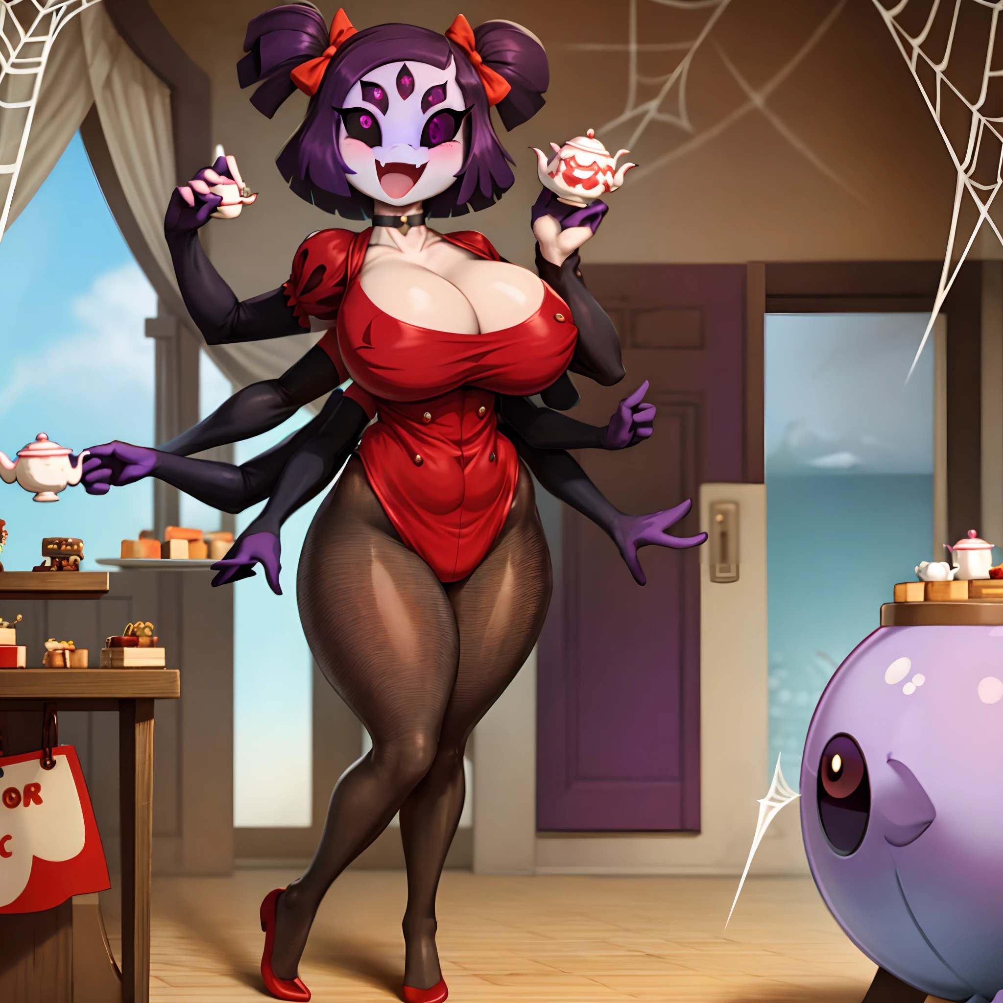 masterpiece, best quality, a beautiful and detailed portriat of muffet,(muffetwear), monster girl,((purple body:1.3)),humanoid, arachnid, anthro,((fangs)),pigtails,hair bows,5 eyes,spider girl,6 arms,solo,smile, clothed, open mouth, awesome and detailed background, holding teapot, holding teacup, 6 hands,detailed hands,((spider webs:1.4)), storefront that sells pastries and tea,bloomers,(red and black clothing),inside,pouring into teacup,wide angle lens, ((fish eye effect)) ,armwear, thick_thighs, spread legs, knees,huge breast, curvy