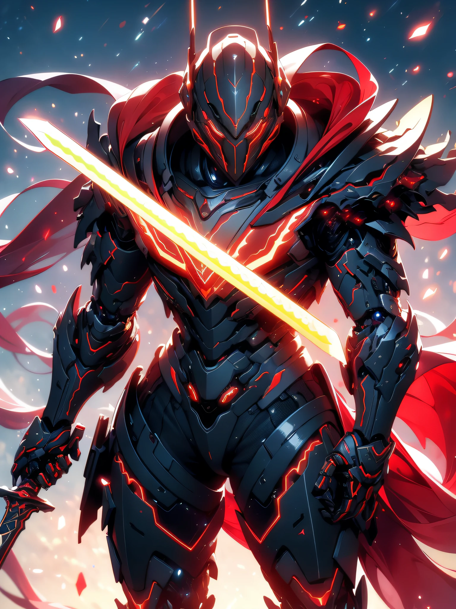 masterpiece, best quality, realistic,shiny,reflective,bioluminic, galactic cybernetic mask,galactic red-green mecha,(assassin:1.2), Robotic Knight, killing warrior pose, headdress,holding glowing red long sword,Galaxy,GlowingRunes_red,fullbody,cinemnatic,dark background,backlight,high contrast,