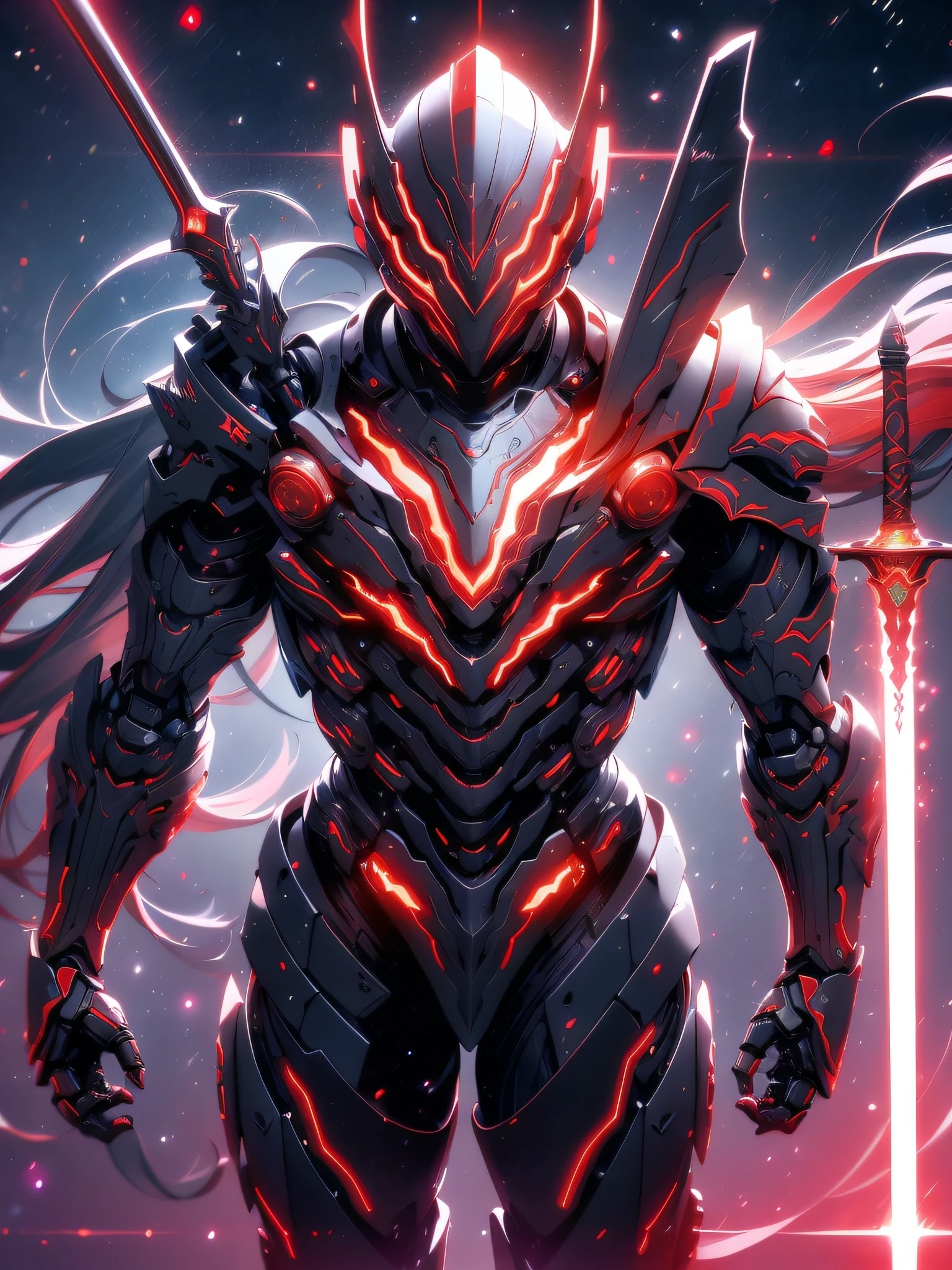 masterpiece, best quality, realistic,shiny,reflective,bioluminic, galactic cybernetic mask,galactic red-green mecha,(assassin:1.2), Robotic Knight, killing warrior pose, headdress,holding glowing red long sword,Galaxy,GlowingRunes_red,fullbody,cinemnatic,dark background,backlight,high contrast,