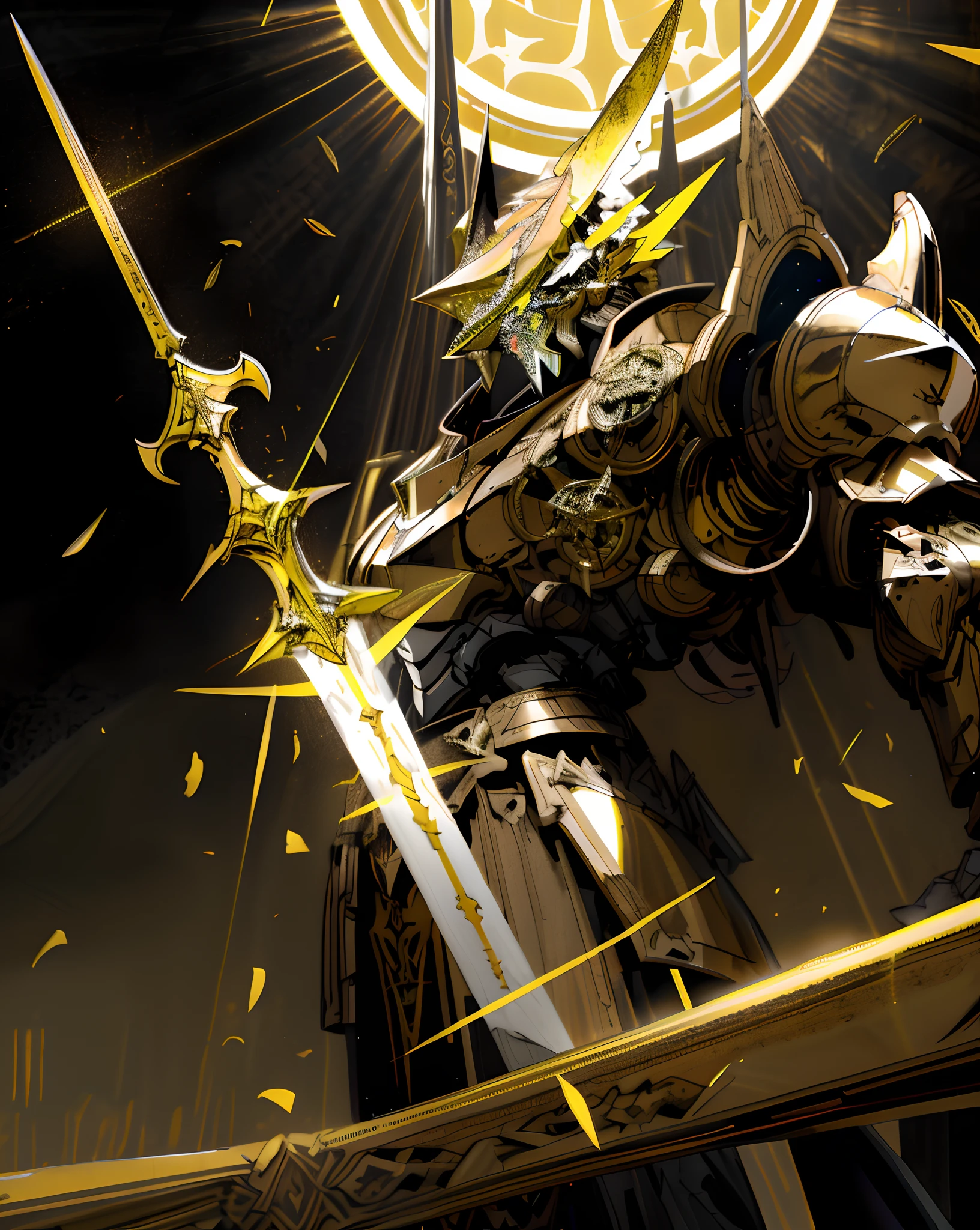 Noite da Arca, Armor a amarelo ,his hands hold a spear, armadura pesada longa, militar, uniforme militar Amarelo, uma luz vermelha ardente: 1.2, os olhos emitem luz vermelha deslumbrante: 0.8, desenho bidimensional 3D, The yellow military robe near his shoulders sways in the wind, desenho de anime, Chiaroscuro, efeitos especiais de luz, mecha detalhado e requintado, Military cap Mecha on head in yellow , fonte de luz nos olhos