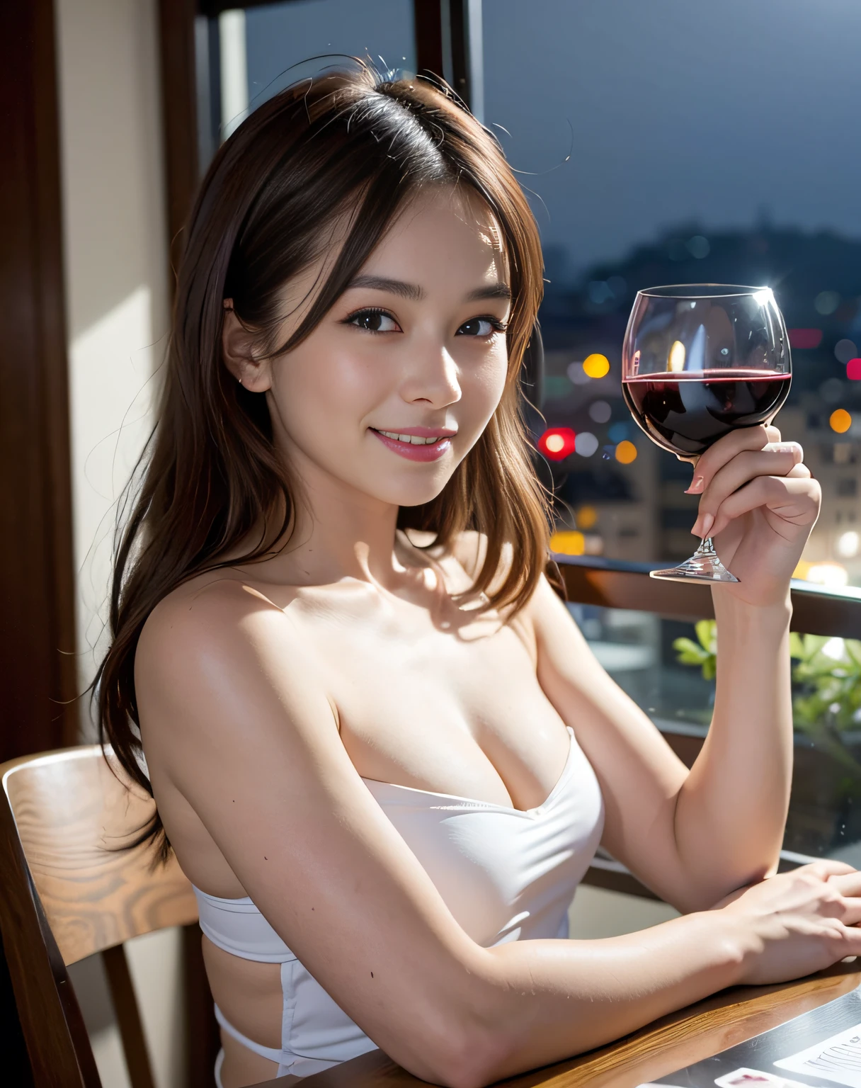 (64K, UHD, top quality, masterpiece: 1.2), (realistic, photorealistic: 1.37), super detailed, pretty woman 1 person, (slim face), (slim body), (brown hair), (short cut), cheeks slightly blushing, (44 years old), 38 years old, solo, beautiful detailed urban night view outside the window, restaurant, wine glasses sit, at night, in a prominent placeNovaFrogStyle, Actress, Model, Waist Up, White Wine, Slim, Wine Glass, Super Clean Night View, Wine Glass Put in the Middle, Happy Smile, (Smile: 1.15), Beautiful Fine Eyes, Upper Body, Bust Japan Up, Night, Short, Short, Actress, Model, Waist Up, White Wine, Slim, Wine Glass, Super Clean Night View, Wine Glass Put in the Middle, Happy Smile,
