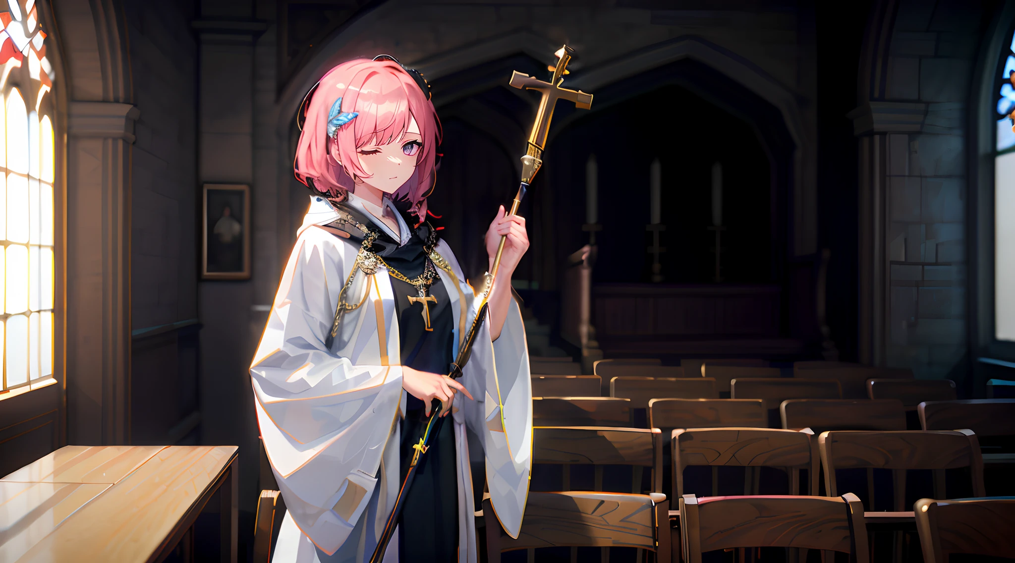 Anime characters in white robes holding a staff in a church, pretty female cleric, cleric, dressed like a cleric, Best anime 4k konachan wallpaper, female cleric, dark robed,Gold accents, Idade, Kushatt Krenz Key Art Women, picture of a male cleric, Guweiz in Pixiv ArtStation, npc with a saint's halo