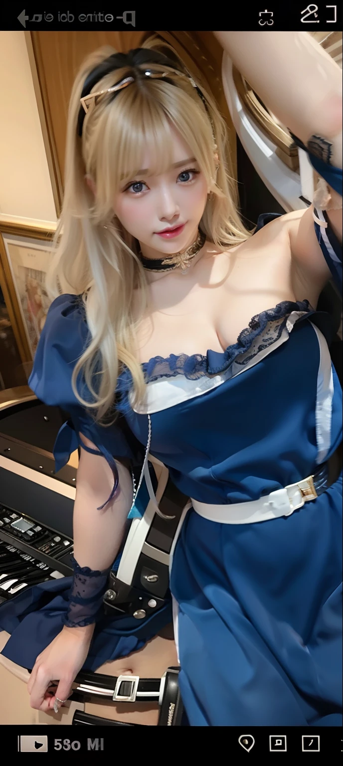 Huge breast, beautiful body, beautiful girl,long hair with band,blonde hair,blue dress, ultra realistic,ultra detail