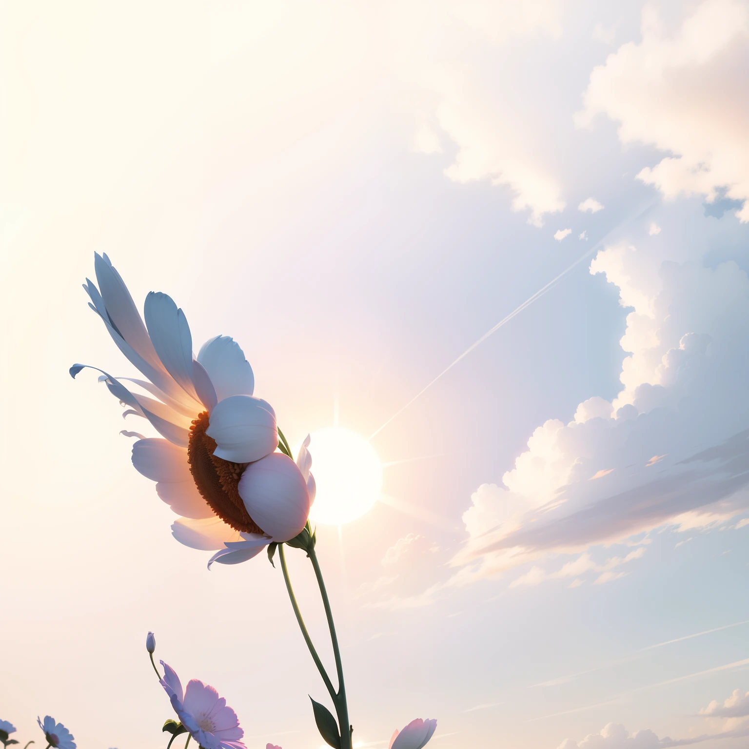 Lovely wind，cartoony，Background flowers and sky，a warm color palette，and the sun was shining brightly