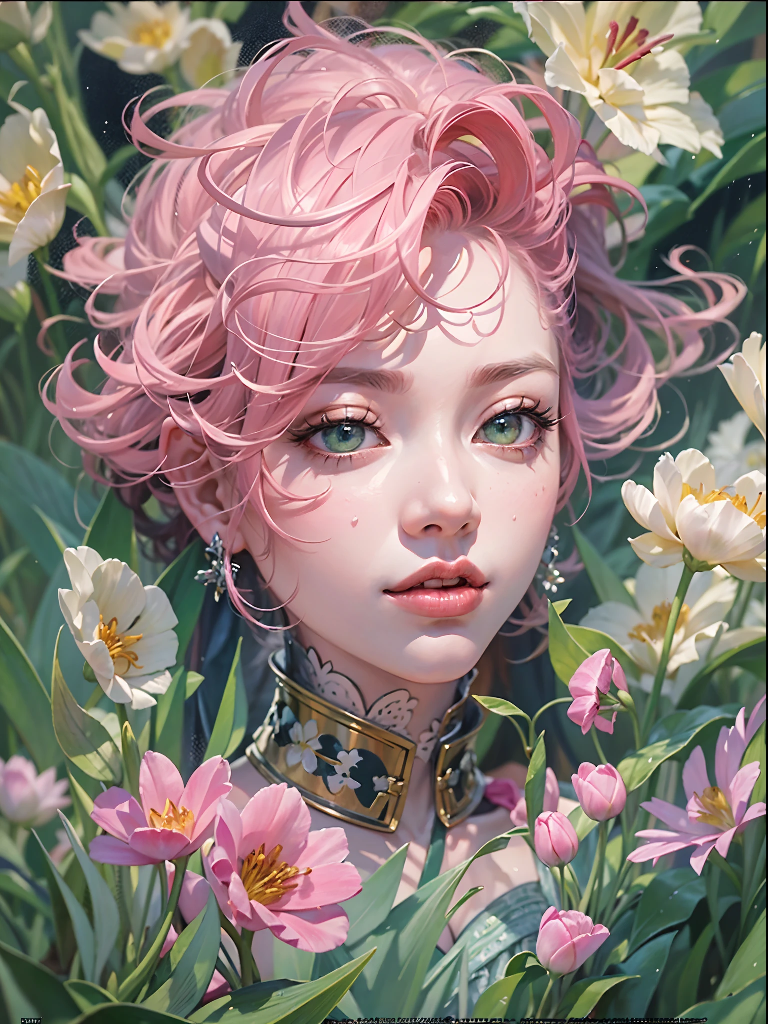 offcial art，统一 8k 壁纸，ultra - detailed，Beauty and aesthetics，tmasterpiece，best qualtiy，（zentangle，datura，Tangles，entangled），（s fractal art：1.3），1girll，Pink hair，The green eyes of the water spirit，The is very detailed，dynamic angle，cow boy shot，The most beautiful form，Fauvist design，vivd colour，tulips，romanticism lain，James Jean，Robbie Devi Antono，ross tran，Francis Bacon，Michal Mraz，adrian ghenie，petra cortright，Gerhard Richter，Takato Yamamoto，Ashley Wood，Elegant，