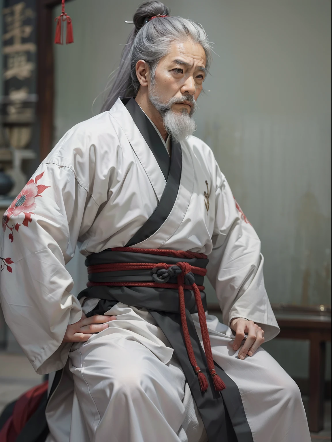 Chinese Ancient Times, An old man, Asian people,gray hair and beard, Black eyes,Thin body, Weakness of the body,standing on your feet, The background is a prison,Look at the camera with determined eyes, dressed white hanfu, There is no pattern,China-style, first person perspective, Masterpiece, ccurate, Anatomically correct, Super detail