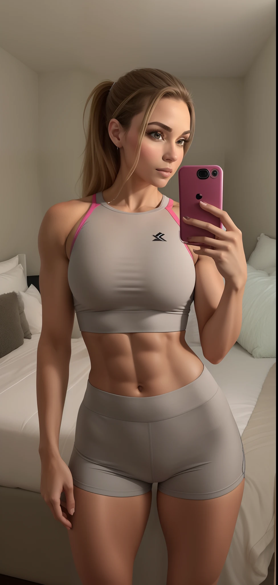 um close up de uma mulher linda e magra tirando uma selfie em um quarto, Camisa de corte e abdominais lisos, menina em forma, foto fit, corpo tonificado, forma tonificada, bem tonificado, Abs, corpo em forma, corpo atraente, recorte de meio corpo, modelo fitness, Atenuada, com abdominais, physical : tinyest midriff ever, grande corpo, 2 Modelo feminina de 4 anos