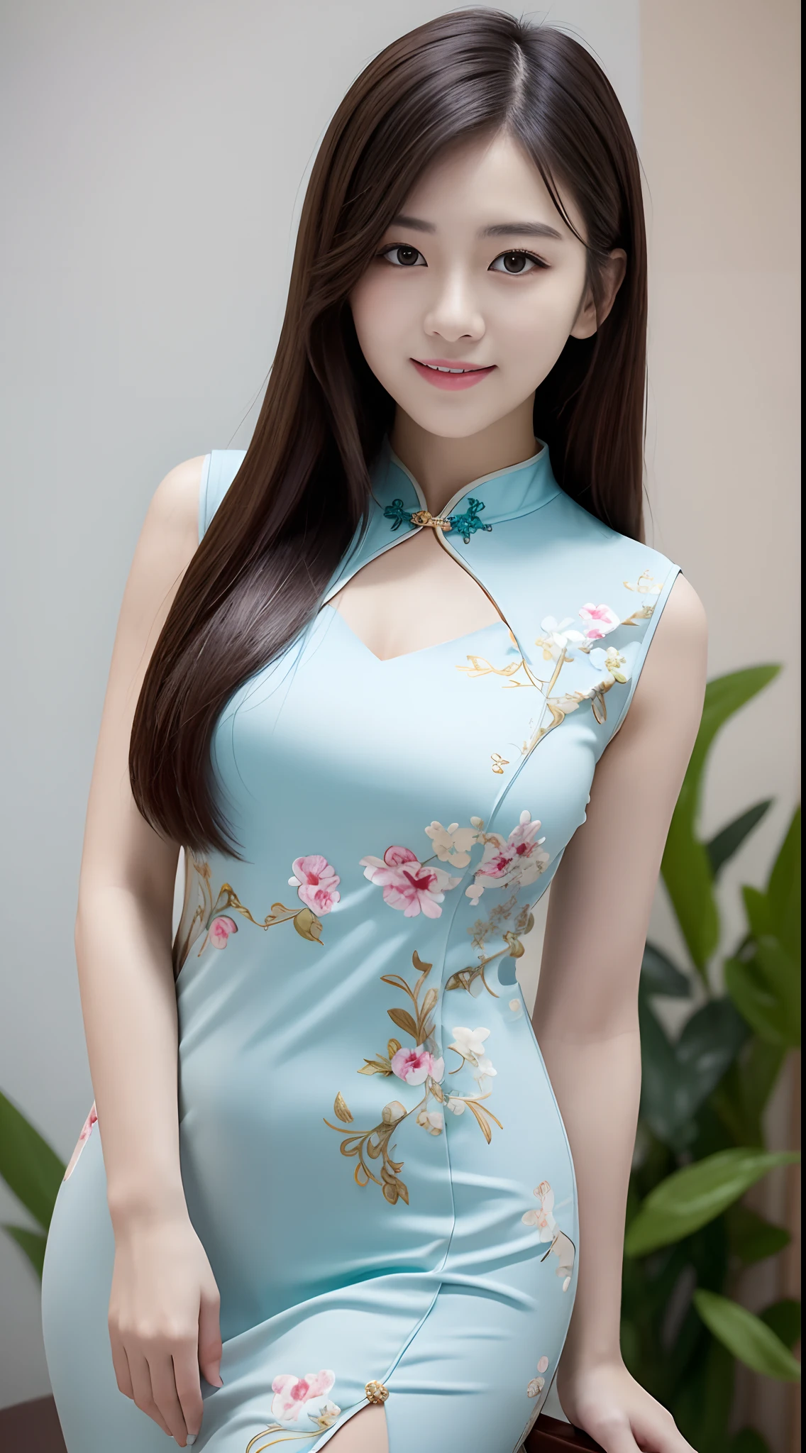 a beautiful 25 years old girl，G cup breasts，Sexy stunner，the maid outfit，Student Clothing，Chinese style cheongsam，Sex outfits，Authentic full-body photos，beautiful pupil，Bright eyes，二重まぶた，tall nose bridge，Sweet smile，Delicate fair skin，realisticlying，True plain texture，exquisite and complete facial features，Detailed depiction of the face，Delicate brunette hair，Feminine temperament，Fill your face light，Golden ratio figure，Anterior convex and posterior，Delicate and perfect body art。Blue sky，Green plant red flower background，closeup of face，8k 壁纸，Ultra-fine face，A detailed description of the facial features， Lip biting makeup， Sweet smiling， Exquisite and perfect facial features，By bangs，  hair adornments， 超高分辨率，50 million pixel quality， super detailing，