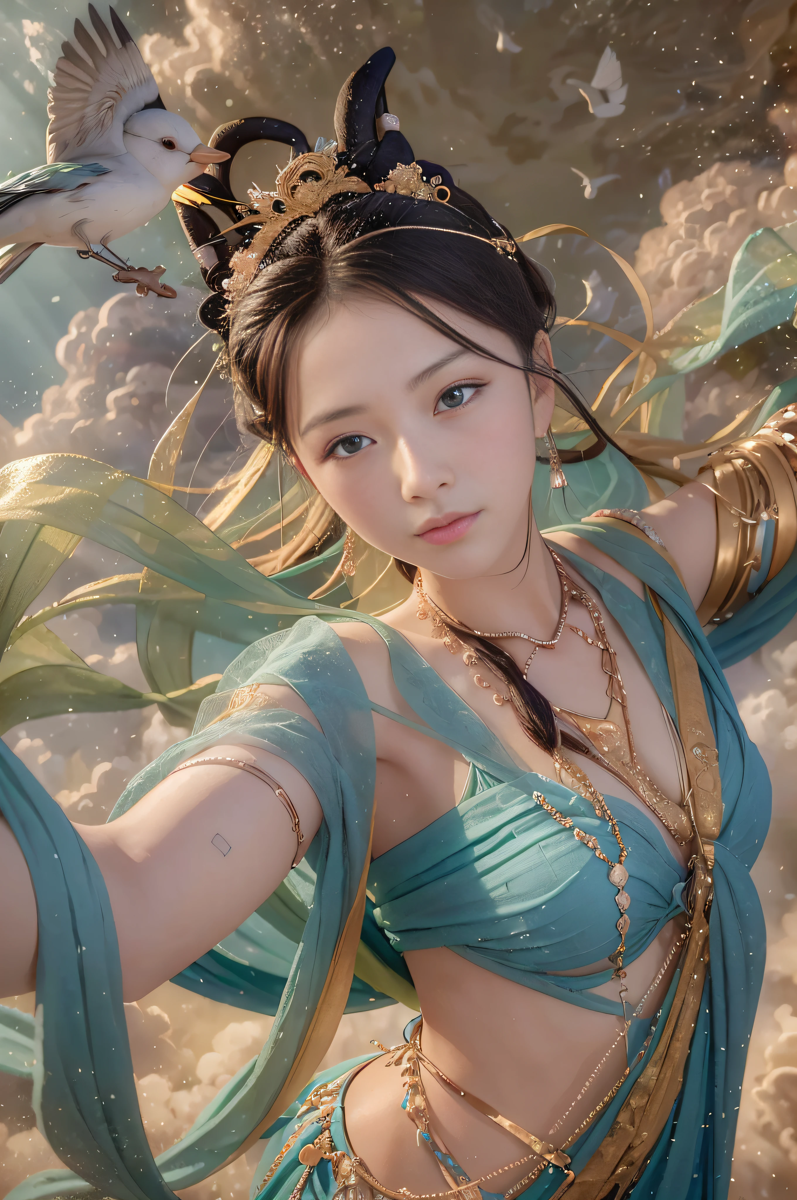 (8K, RAW photo, Best quality, tmasterpiece:1.2), (Realistic, photo-realistic:1.4), (Extremely detailed CG unifies 8K, 8K, Diamond, and Wallpaper), ，1 girl solo, Dance, dunhuang_dress, dunhuang_Style, dunhuang_Background,Flight flyers arrive，Wearing a royal blue robe，Bounce the lute，It's like dancing in the clouds， Surrounded by a sea of clouds and birds，It's a fantastic wonderland，Clouds are meticulously outlined in the frescoes，Layer by layer，It was as if there were clouds fluttering；And those birds，Soar above the sea of clouds，Looks natural，Very energetic