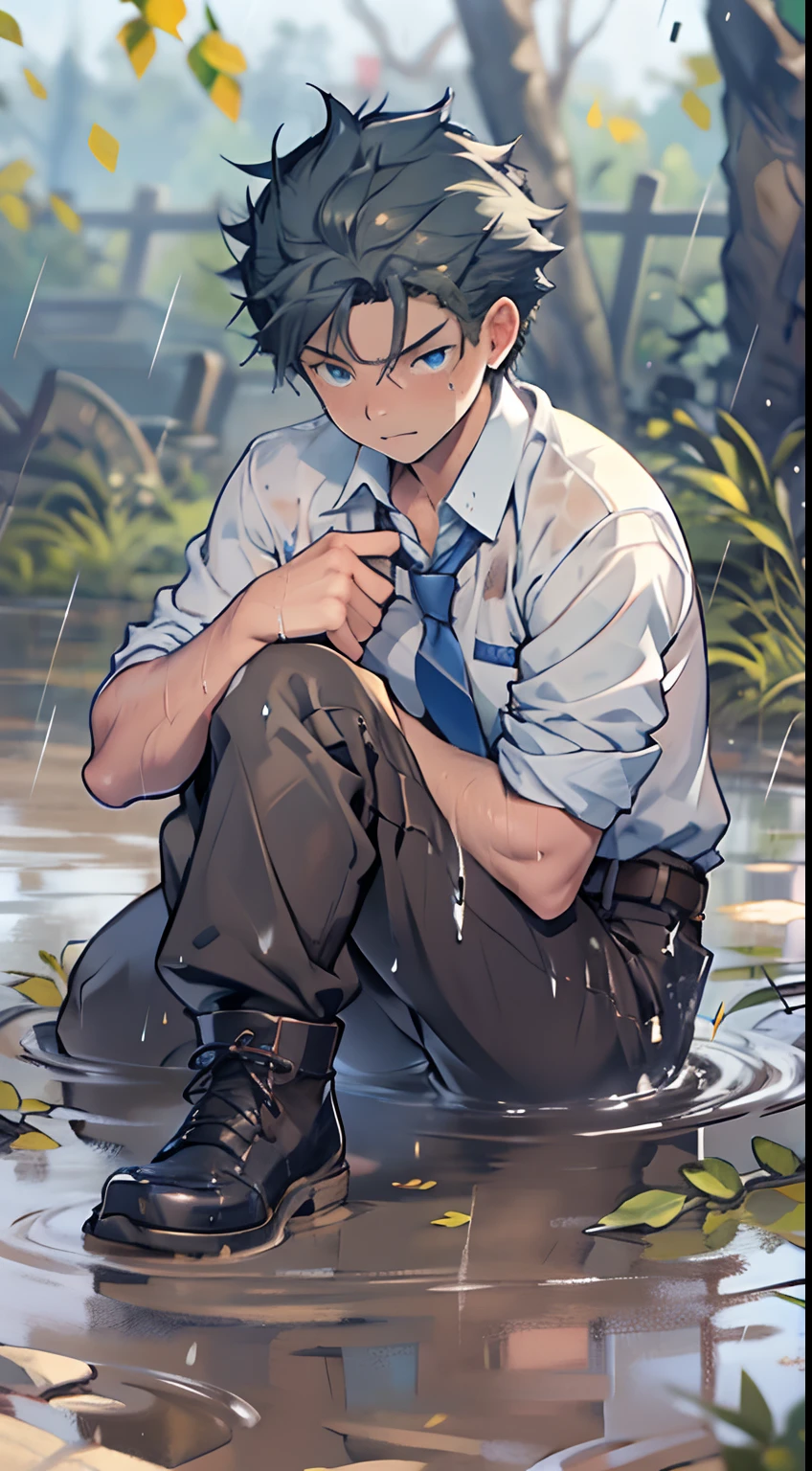 （1 Adult male），A high resolution， Sharp focus， Pixiv masterpiece， （（Complicated details））， highly  detailed， natsuki_subaru， 1 man，Lying in the mud， Lazy，full bodyesbian， blue color eyes（eyes glowing）， Short yellow hair，white  shirt，Wear a tie，Wear a belt，perspire，rain，Drenched，Sweaty crotch，look from down