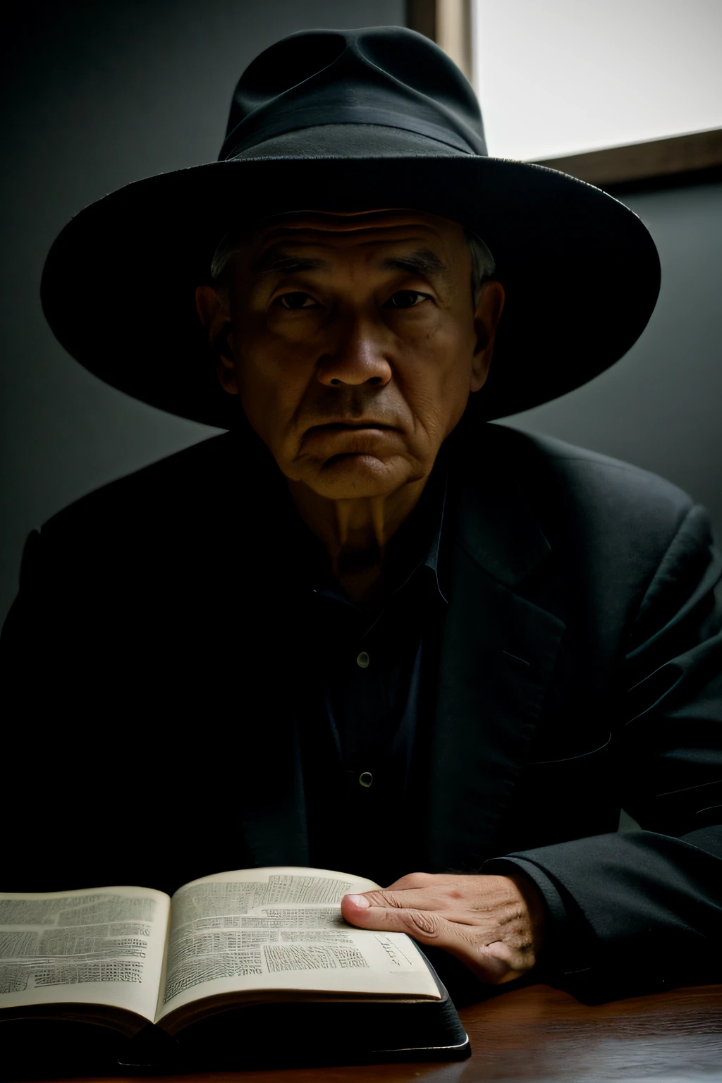 Scary gloomy room,overcast light,Sixty-five-year-old man,Terrified expression,With a hat on,Sit behind the table,There are books on the table,Place your hands crossed on the table,Wearing black civilian clothes,There was no light in the room,Serious face,telling stories,realisticlying,Close-up,Scary atmosphere,Sense of story,Dark style,Asian people,The overall environment is terrifying,The environment is dark,Faint light,voluminetric lighting. Dark, dark volumetric lighting, dark scene with dim light, Inside a dark room, photorealistic dark concept art, dramatic lighting render, The gloomy room is full of shadows, Empty backroom at night, very dark room, Wizard hat movie lighting,Close-up