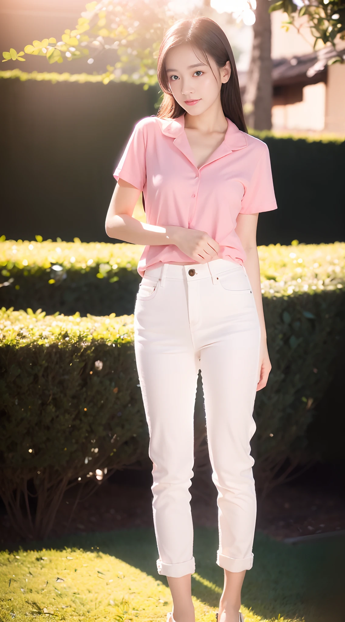 1 beautiful woman taking pictures on the grass of the villa，RAW photos，tmasterpiece，（highdetailskin：1.2），8k ultra high definition，digital SLR camera，gentlesoftlighting，high high quality，filmgrain，富士XT3，20 years old Asian woman，Wear simple clothes，（White long nurse uniform:1.2 and low-rise skinny jeans:0.7，Detailed clothing details:1.3），perfect body figure，Perfect breasts and nipple bulge，The legs are straight and slender，（（Branded stylish shoes:0.6）），Super detailed facial details and skin，Fair pink face and skin，The skin is pink，with light glowing，二重まぶた，Super detailed eyes，(Gloss on lips, eyeslashes, Glossy face, Best quality, Super high resolution, warm color，Wide lighting, naturalshadow), Sexy, Full body shooting: 1.8