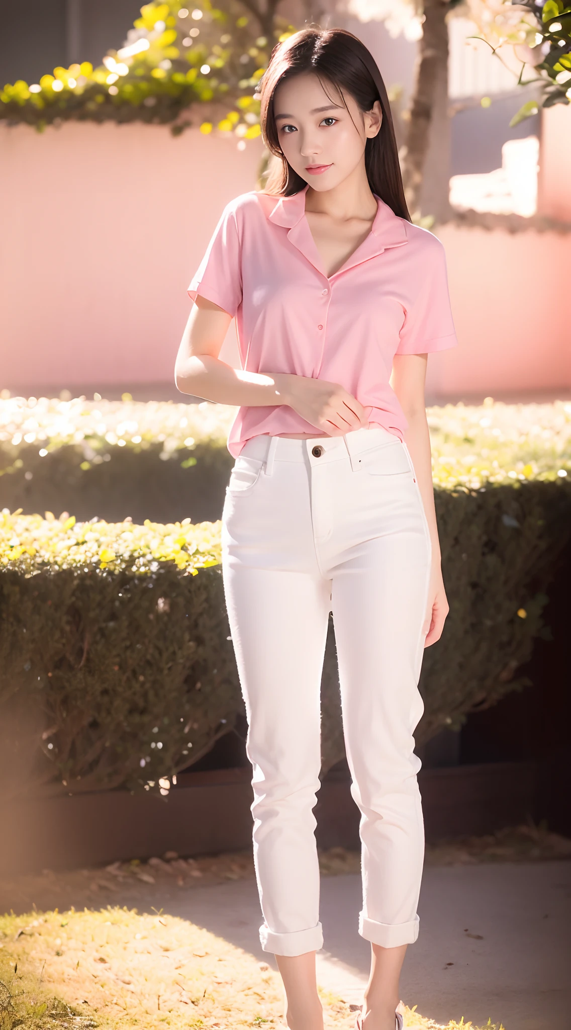 1 beautiful woman taking pictures on the grass of the villa,RAW photos,tmasterpiece,(highdetailskin:1.2),8k ultra high definition,digital SLR camera,gentlesoftlighting,high high quality,filmgrain,富士XT3,20 years old Asian woman,Wear simple clothes,(White long nurse uniform:1.2 and low-rise skinny jeans:0.7,Detailed clothing details:1.3),perfect body figure,Perfect breasts and nipple bulge,The legs are straight and slender,((Branded stylish shoes:0.6)),Super detailed facial details and skin,Fair pink face and skin,The skin is pink,with light glowing,二重まぶた,Super detailed eyes,(Gloss on lips, eyeslashes, Glossy face, Best quality, Super high resolution, warm color,Wide lighting, naturalshadow), Sexy, Full body shooting: 1.8