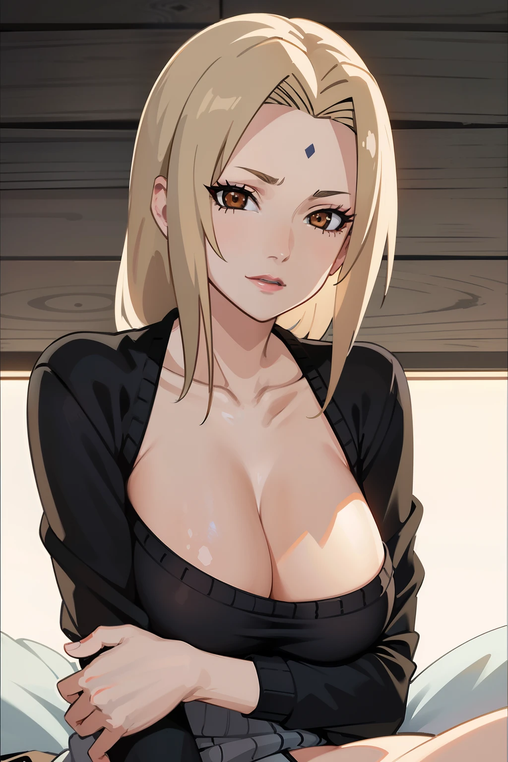 Masterpiece, Best quality, A high resolution, 1 girl, Side lighting, the wallpaper, Masterpiece, Best quality, A high resolution, Tsunade, Wear a tight sweater,A half body,Lying on bed with beautiful brown eyes, Gorgeous lips, Sexy,mediuml breasts,Be red in the face,Idiotic laughter