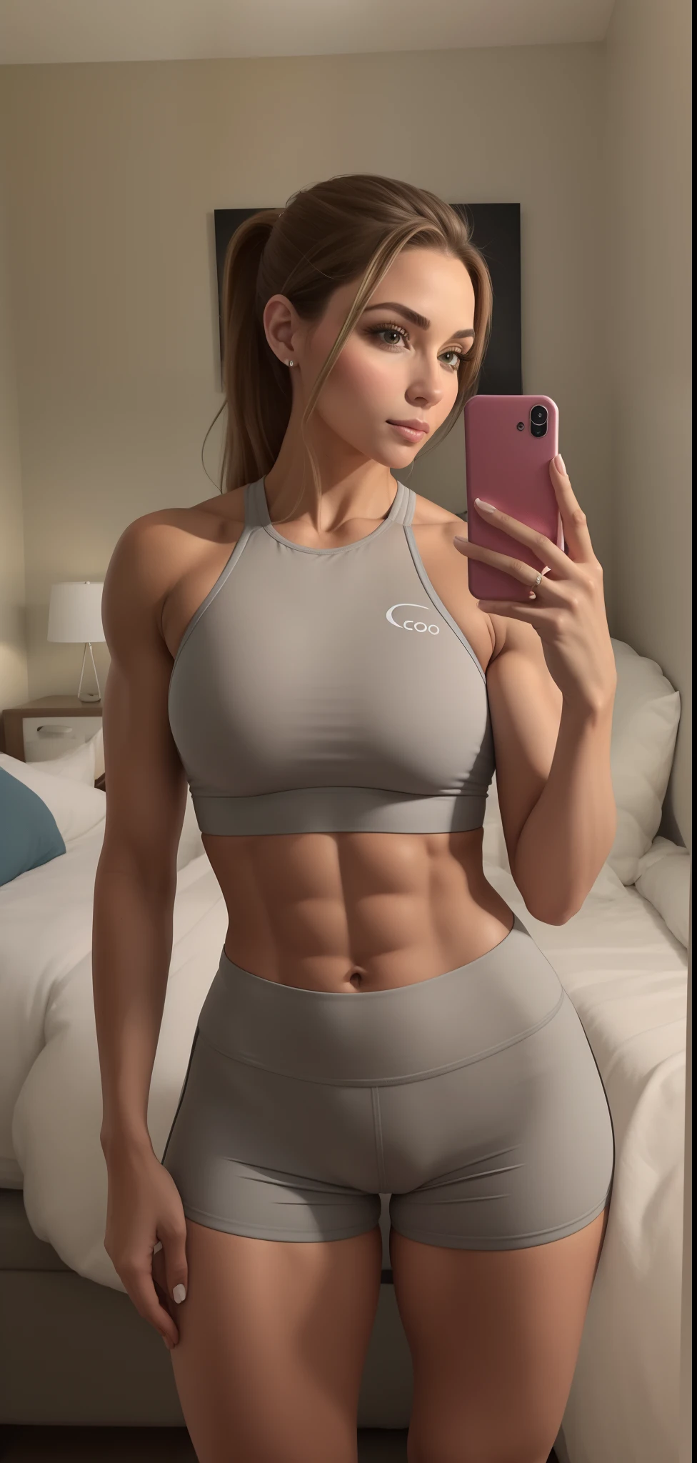 um close up de uma mulher linda e magra tirando uma selfie em um quarto, Camisa de corte e abdominais lisos, menina em forma, foto fit, corpo tonificado, forma tonificada, bem tonificado, Abs, corpo em forma, corpo atraente, recorte de meio corpo, modelo fitness, Atenuada, com abdominais, physical : tinyest midriff ever, grande corpo, 2 Modelo feminina de 4 anos