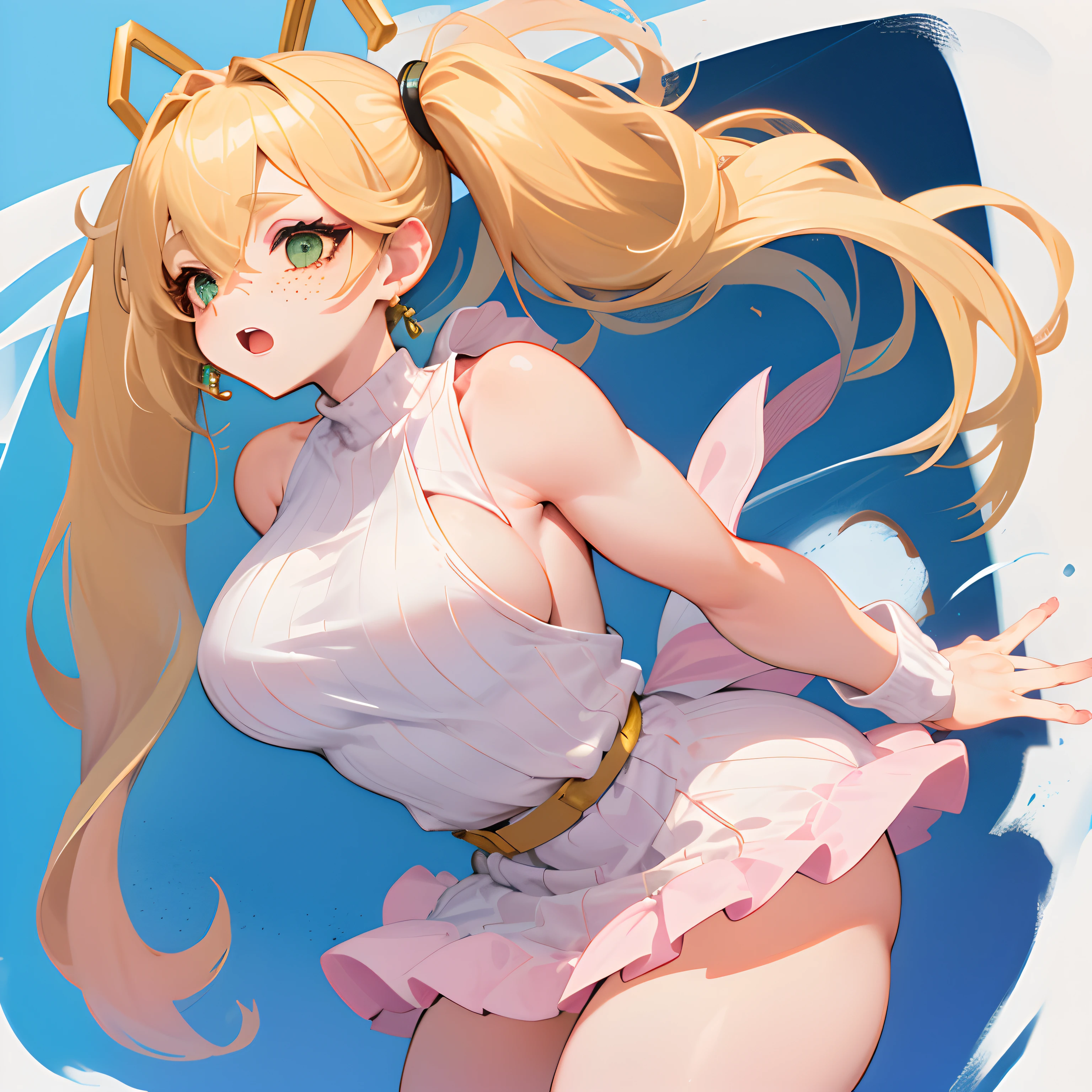 1 solo woman, Solo female, Pale skin, freckles, green eyes, blonde hair, Hairtyle: Pigtails, Short and curvy, wide hips, Golden hoop earings, (Pink) sleeveless sweater dress, White thighhigh socks