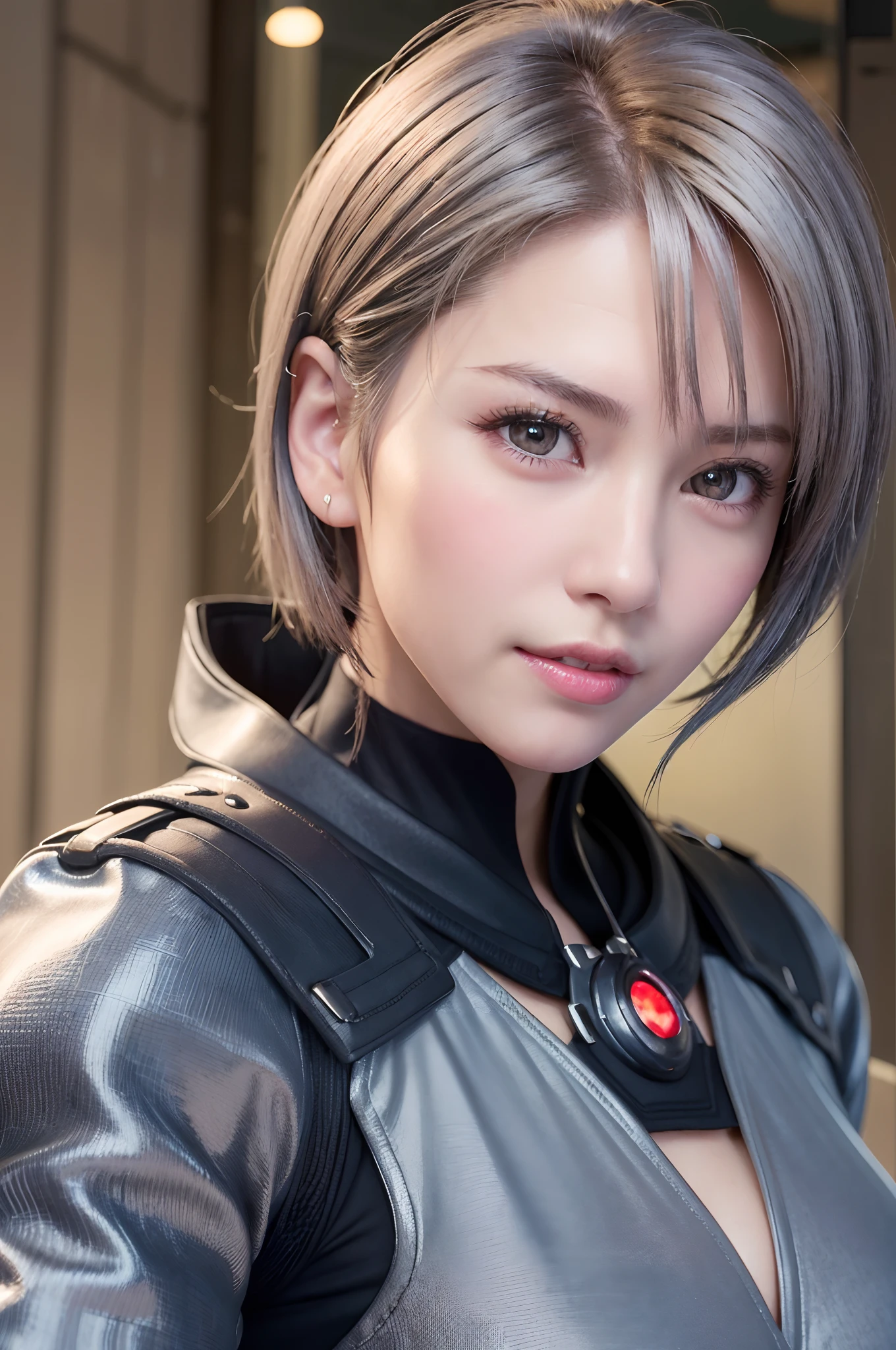 (8k, photorealistic, RAW photo, top quality: 1.4), (1girl), super beautiful, (realistic face), (boyish, silver-colored berry short hair), beautiful cyberpunk suit, glares seducing viewer, beautiful expression, beautiful breasts, (realistic skin), beautiful smile, (soldier), attractive, ultra high resolution, ultra realistic, high definition, spoiled