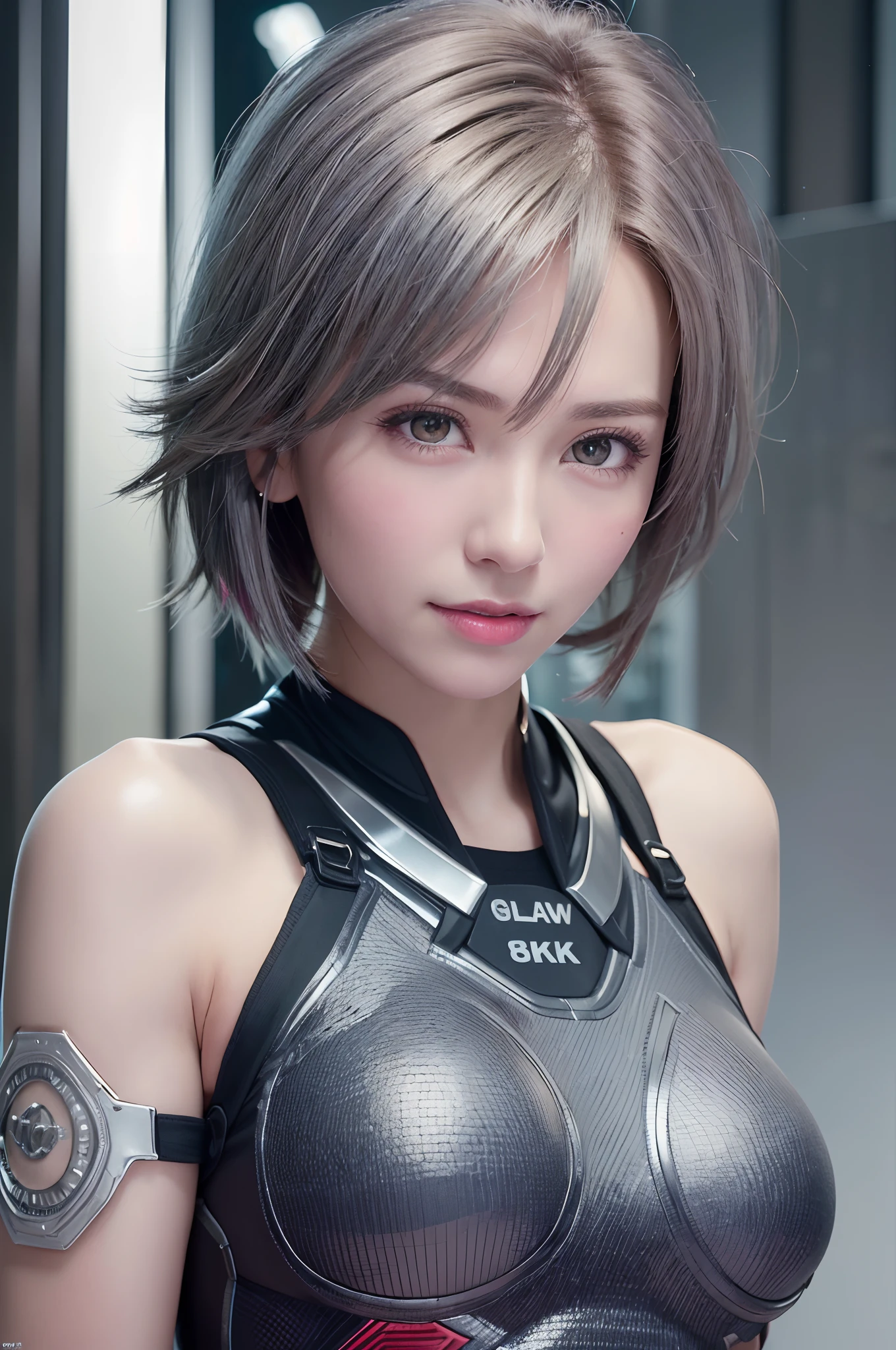 (8k, photorealistic, RAW photo, top quality: 1.4), (1girl), super beautiful, (realistic face), (boyish, silver-colored berry short hair), beautiful cyberpunk suit, glares seducing viewer, beautiful expression, beautiful breasts, (realistic skin), beautiful smile, (soldier), attractive, ultra high resolution, ultra realistic, high definition, spoiled