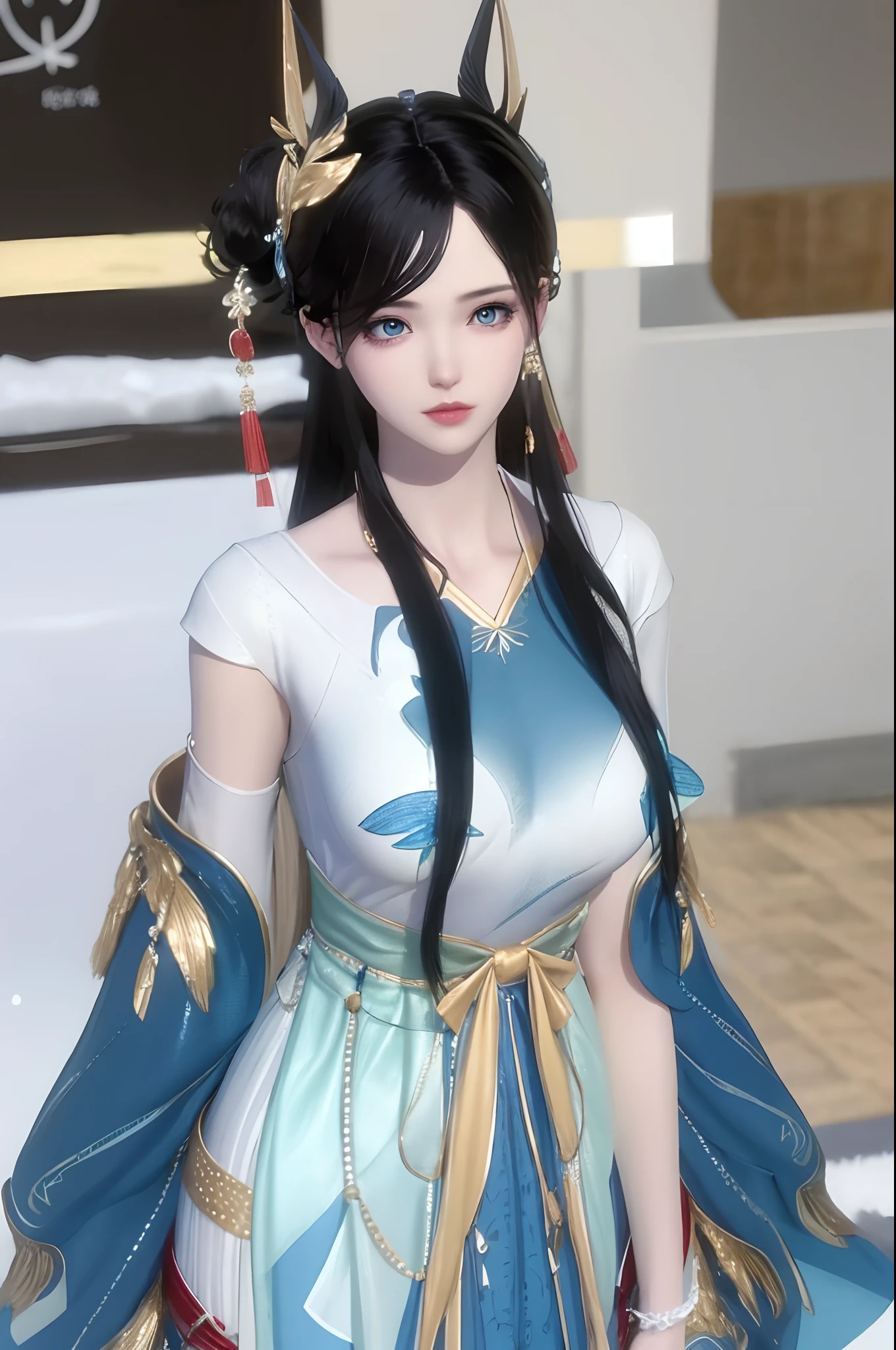 （best qualtiy，tmasterpiece：1.2），超高分辨率，realisticlying，Front lighting，Complicated details，Exquisitedetailsandtextures，（1girll），独奏，The upper part of the body，Blue Hanfu，Petal pattern，Nice big eyes，a blue dress，beauitful face，facing to audience，Streamers，gossamer，（年轻），Facial highlights，Detal Face，tear-mole，white skinned，Silvery hair，High ponytail，looking at viewert，largeeyes，（Openwork pattern），耳Nipple Ring，slimfigure，white backgrounid，correct hand，profesional lighting，photon maping，Radio City，physically-based renderingt