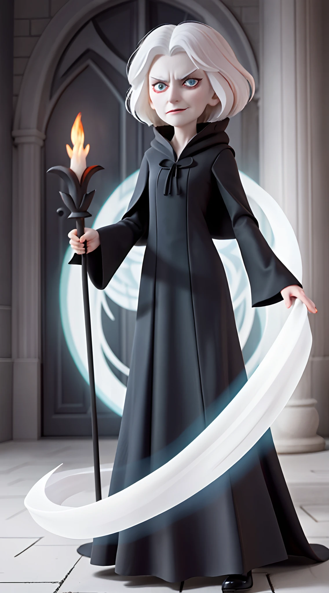 The 70-year-old white-haired witch wears a long black cloak，Long black dress，full bodyesbian，Evil expression，Hold the scepter in your left hand