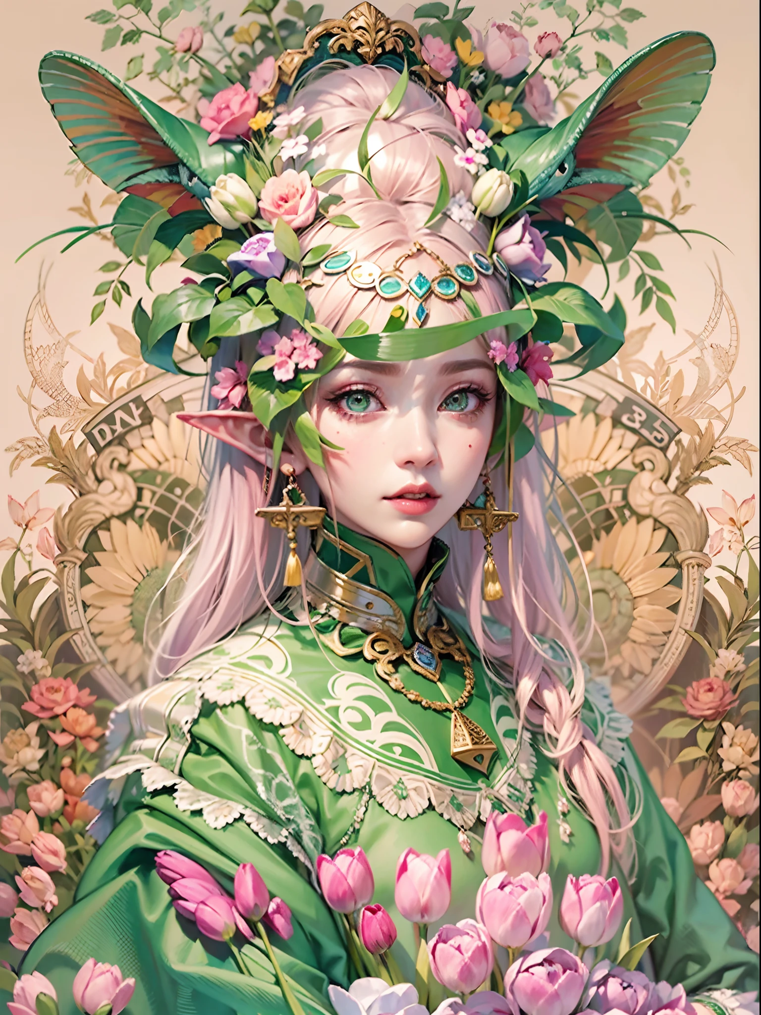 offcial art，统一 8k 壁纸，ultra - detailed，Beauty and aesthetics，tmasterpiece，best qualtiy，（zentangle，datura，Tangles，entangled），（s fractal art：1.3），1girll，Pink hair，Green eyes of water elves，The is very detailed，dynamic angle，cow boy shot，The most beautiful form，Fauvist design，vivd colour，（（（Lots of colorful tulips））），romanticism lain，James Jean，Robbie Devi Antono，ross tran，Francis Bacon，Michal Mraz，adrian ghenie，petra cortright，Gerhard Richter，Takato Yamamoto，Ashley Wood，elegant，