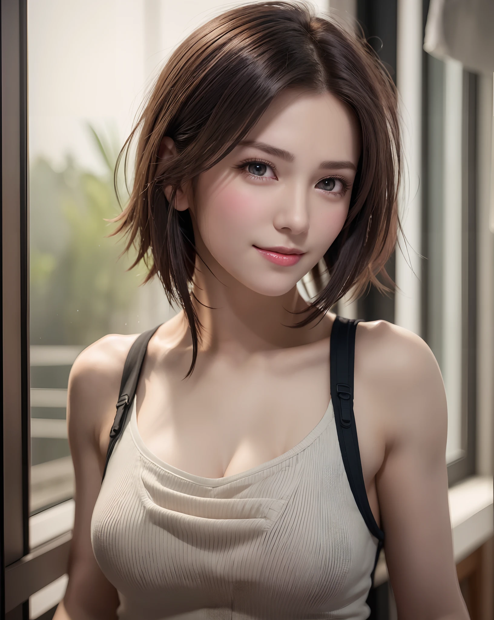 Best Quality, Ultra High Resolution, (Photorealistic: 1.4), Beautiful Eyes, Super Beautiful, Very Short Hair, Beautiful, Sweetheart, T-shirt with Rough Chest, Beautiful Soldier, Eyes That Invite Viewer, Lover's Perspective, Inviting Expression, Sexy Smile, Perfect Style, Perfect Balance, Detailed Skin, Naughty Gaze, Chest Visible