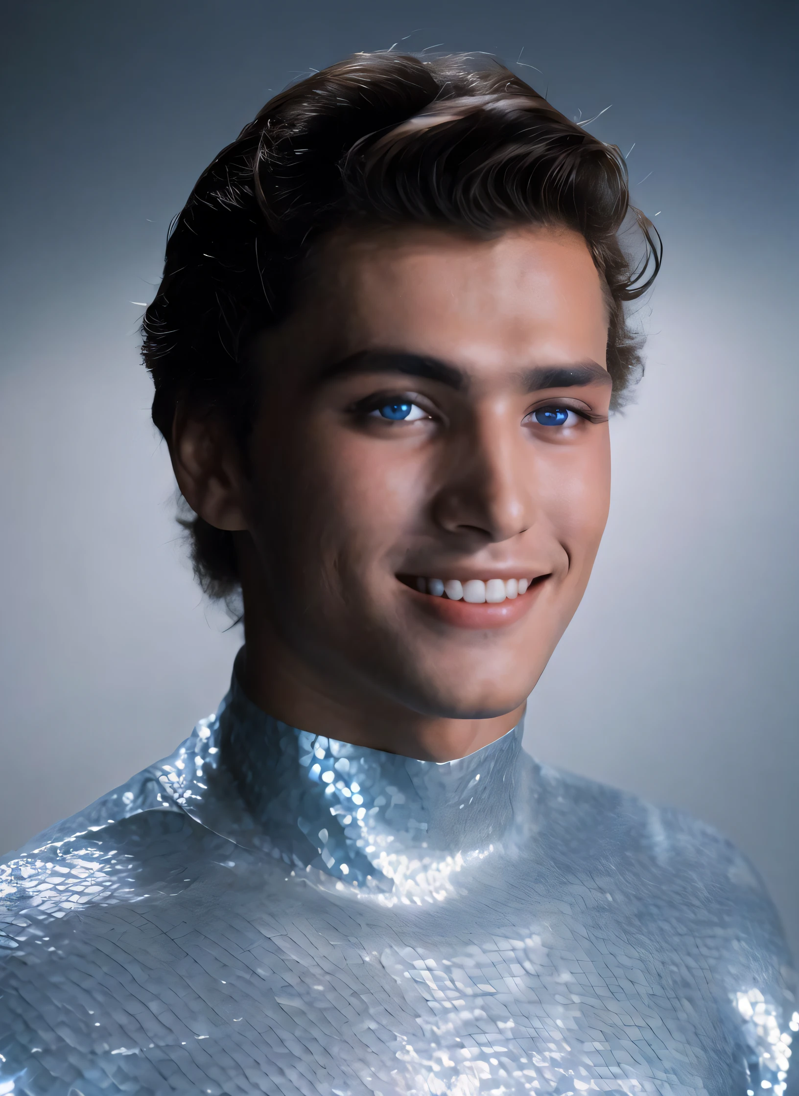 (studio portrait:1.2) of  beautiful 20 years old beautiful boy ihtiandr wearing silver bodysuit, smiling, dreamlike blue eyes, empty background, studio lighting, sharp focus, epic lighting, detailed face, subsurface scattering, f2, 35mm