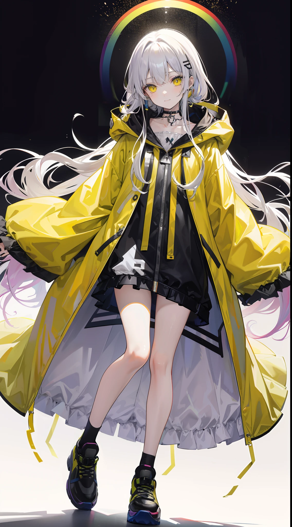 Rainbow gradient long hair girl in yellow cropped raincoat,The raincoat hood covers the face,full body pov,posing on a,ssmile,Hands exposed。Dad shoes,Accentuate the texture of raincoats and gelcoats,Accentuates the translucent texture of the raincoat,ssmile,耳Nipple Ring,choker necklace