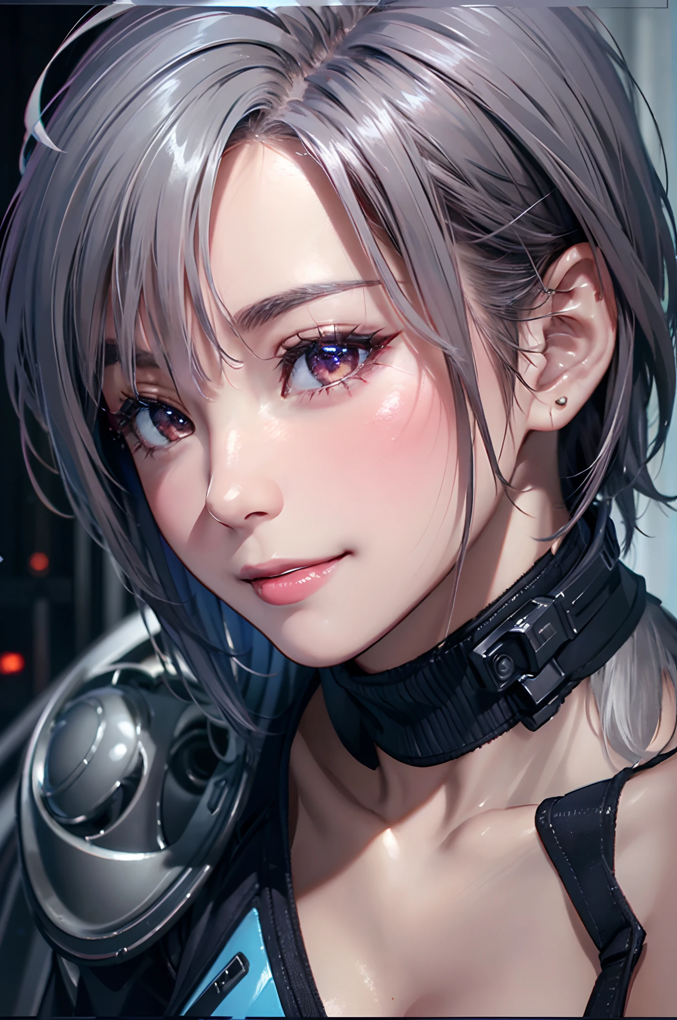 (8k, photorealistic, RAW photo, top quality: 1.4), (1girl), super beautiful, (realistic face), (boyish, silver-colored berry short hair), beautiful cyberpunk suit, glares seducing viewer, beautiful expression, beautiful breasts, (realistic skin), beautiful smile, (soldier), attractive, ultra high resolution, ultra realistic, high definition, spoiled