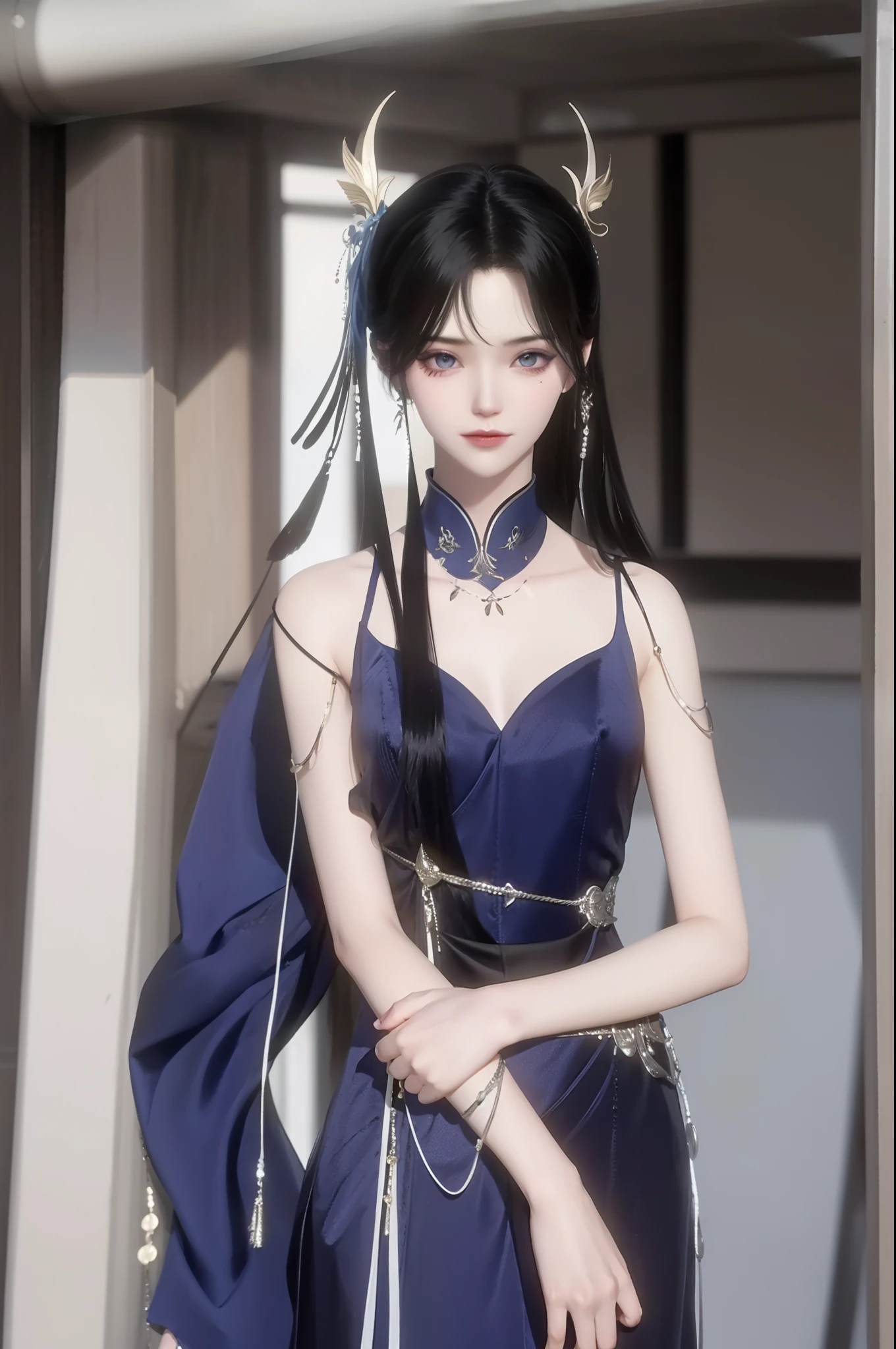 （best qualtiy，tmasterpiece：1.2），超高分辨率，realisticlying，Front lighting，Complicated details，Exquisitedetailsandtextures，（1girll），独奏，The upper part of the body，Blue Hanfu，Petal pattern，Nice big eyes，a blue dress，beauitful face，facing to audience，Streamers，gossamer，（年轻），Facial highlights，Detal Face，tear-mole，white skinned，Silvery hair，High ponytail，looking at viewert，largeeyes，（Openwork pattern），耳Nipple Ring，slimfigure，white backgrounid，correct hand，profesional lighting，photon maping，Radio City，physically-based renderingt