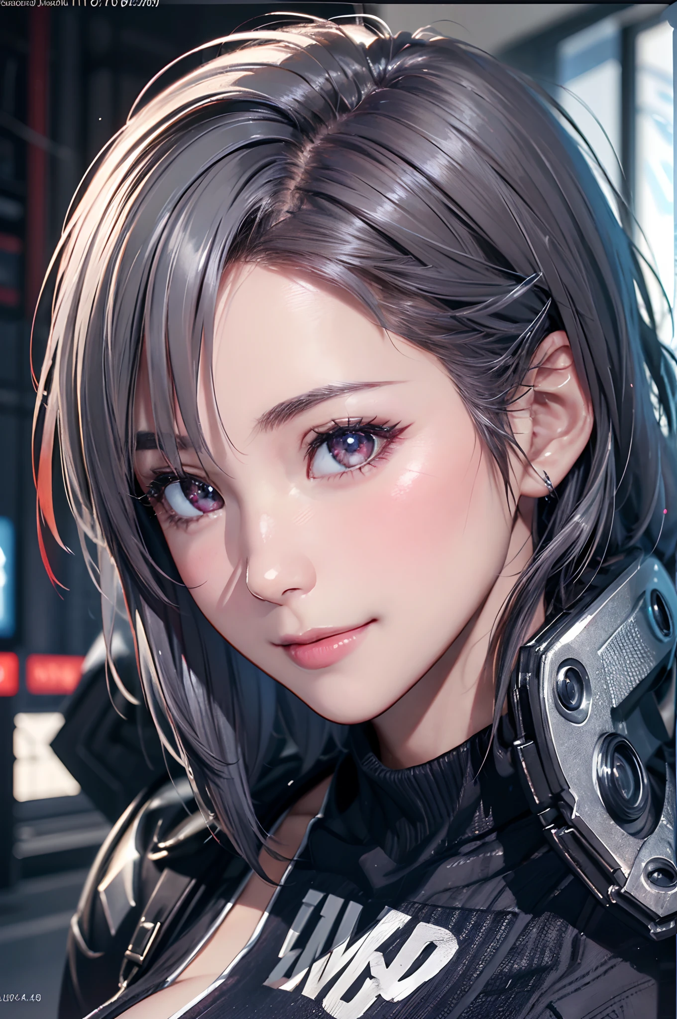 (8k, photorealistic, RAW photo, top quality: 1.4), (1girl), super beautiful, (realistic face), (boyish, silver-colored berry short hair), beautiful cyberpunk suit, glares seducing viewer, beautiful expression, beautiful breasts, (realistic skin), beautiful smile, (soldier), attractive, ultra high resolution, ultra realistic, high definition, spoiled