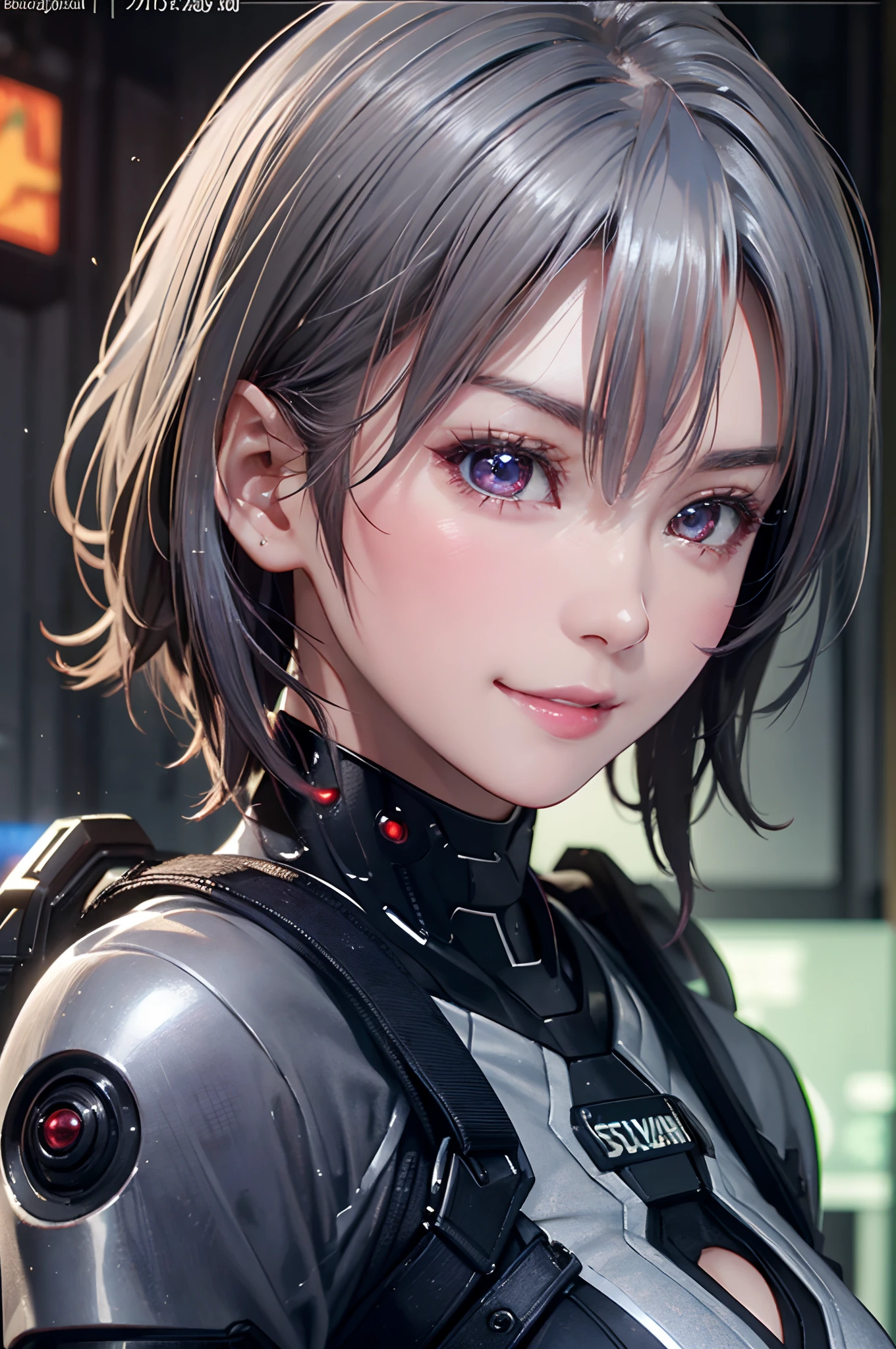 (8k, photorealistic, RAW photo, top quality: 1.4), (1girl), super beautiful, (realistic face), (boyish, silver-colored berry short hair), beautiful cyberpunk suit, glares seducing viewer, beautiful expression, beautiful breasts, (realistic skin), beautiful smile, (soldier), attractive, ultra high resolution, ultra realistic, high definition, spoiled