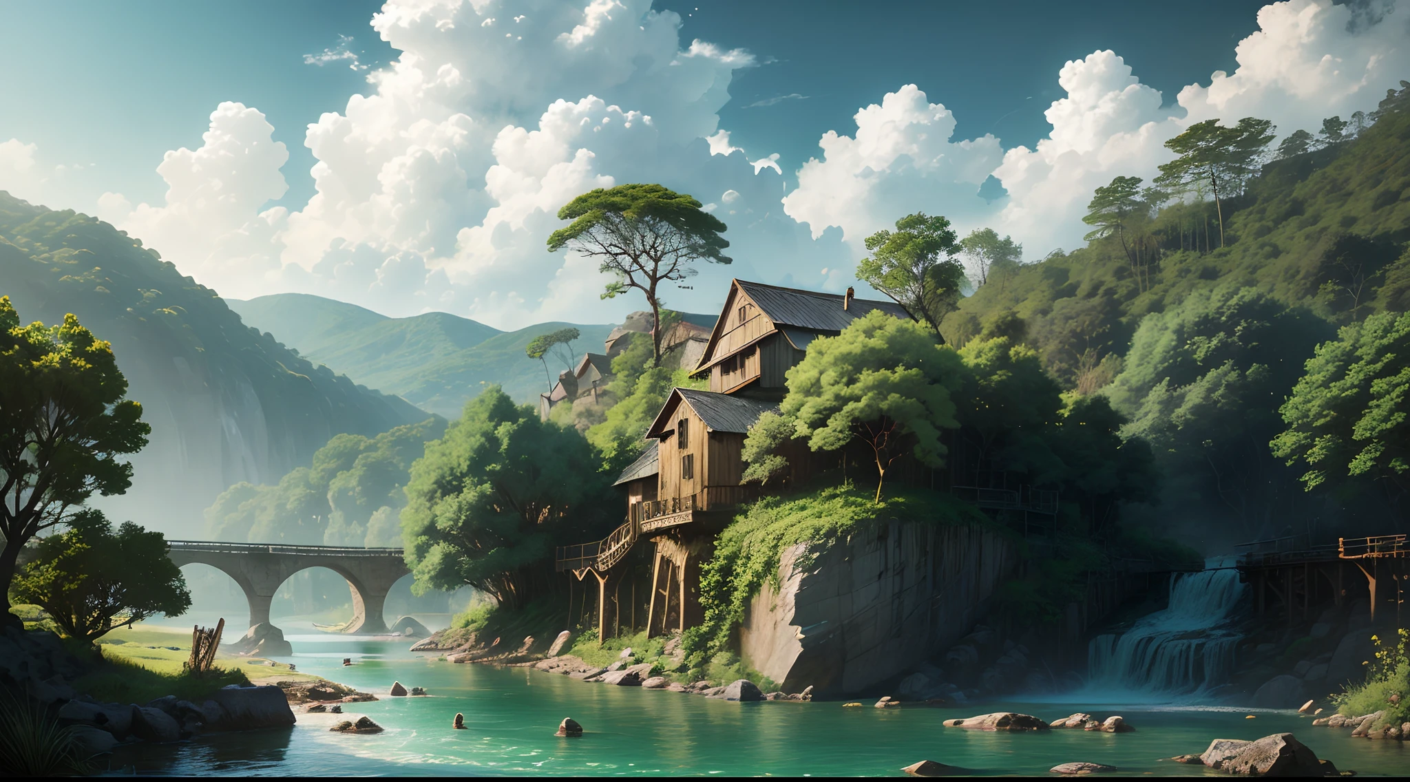 Huge colorful trees with many vines, palmeiras, coconut, Fallen logs, Water wheel with water wheel, windmills, In the midst of lush waterfalls, River with large surreal rocks, Sky with clouds, suns, Lua, global ilumination, depth of fields,