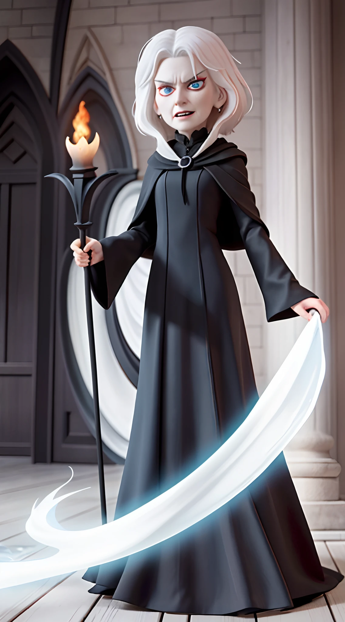 The 70-year-old white-haired witch wears a long black cloak,Long black dress,full bodyesbian,Evil expression,Hold the scepter in your left hand