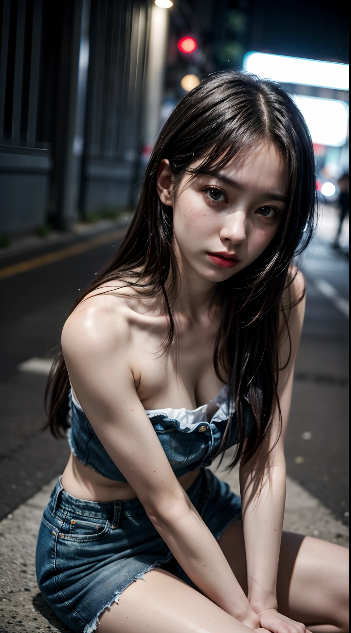 (1girl), russian, solo, long_hair, wearing(denim-strapless-shirt, miniskirt), photo(medium-shot), portrait, sitting, pov, blurry_background, background(night, urban, footpath), (photorealistic, absurdres, best_quality:1.55),