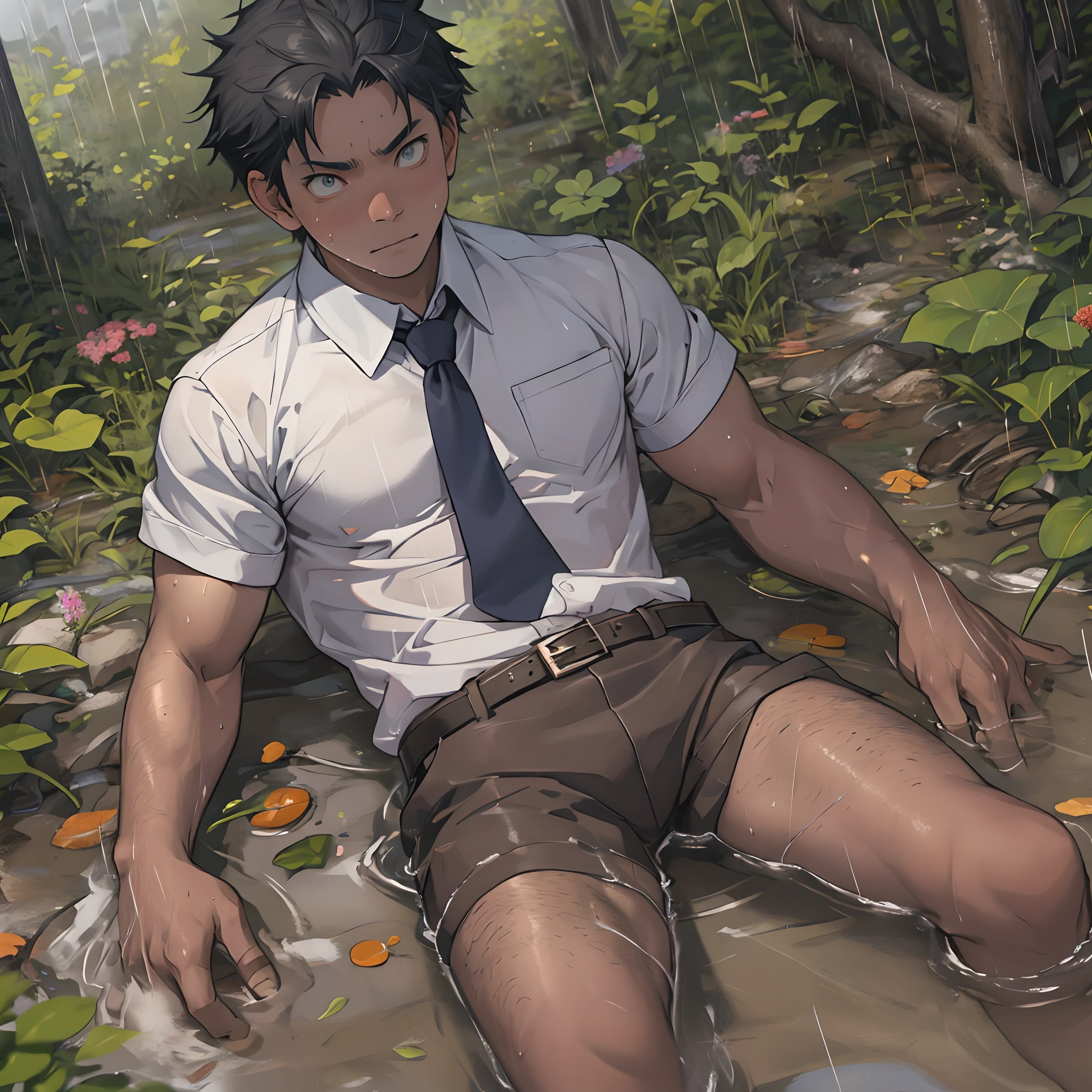 （1 Adult male），A high resolution， Sharp focus， Pixiv masterpiece， （（Complicated details））， highly  detailed， natsuki_subaru， 1 man，Lying in the mud， Lazy，full bodyesbian， Golden eyes（eyes glowing）， Short blue hair，white  shirt，Wear a tie，Wear a belt，perspire，rain，Drenched，Sweaty crotch，look from down