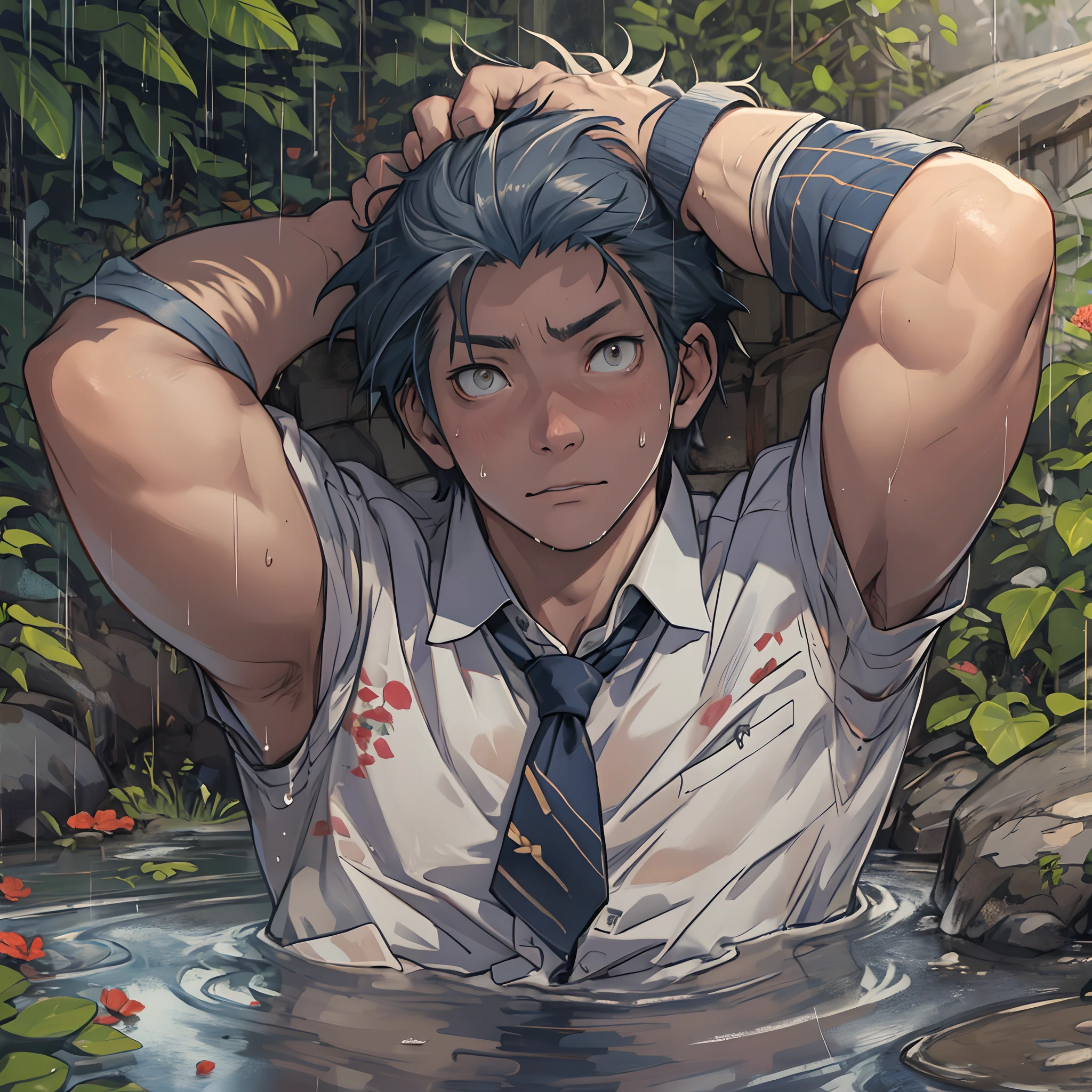 （1 Adult male），A high resolution， Sharp focus， Pixiv masterpiece， （（Complicated details））， highly  detailed， natsuki_subaru， 1 man，Lying in the mud， Lazy，full bodyesbian， Golden eyes（eyes glowing）， Short blue hair，white  shirt，Wear a tie，Wear a belt，perspire，rain，Drenched，Sweaty crotch，look from down