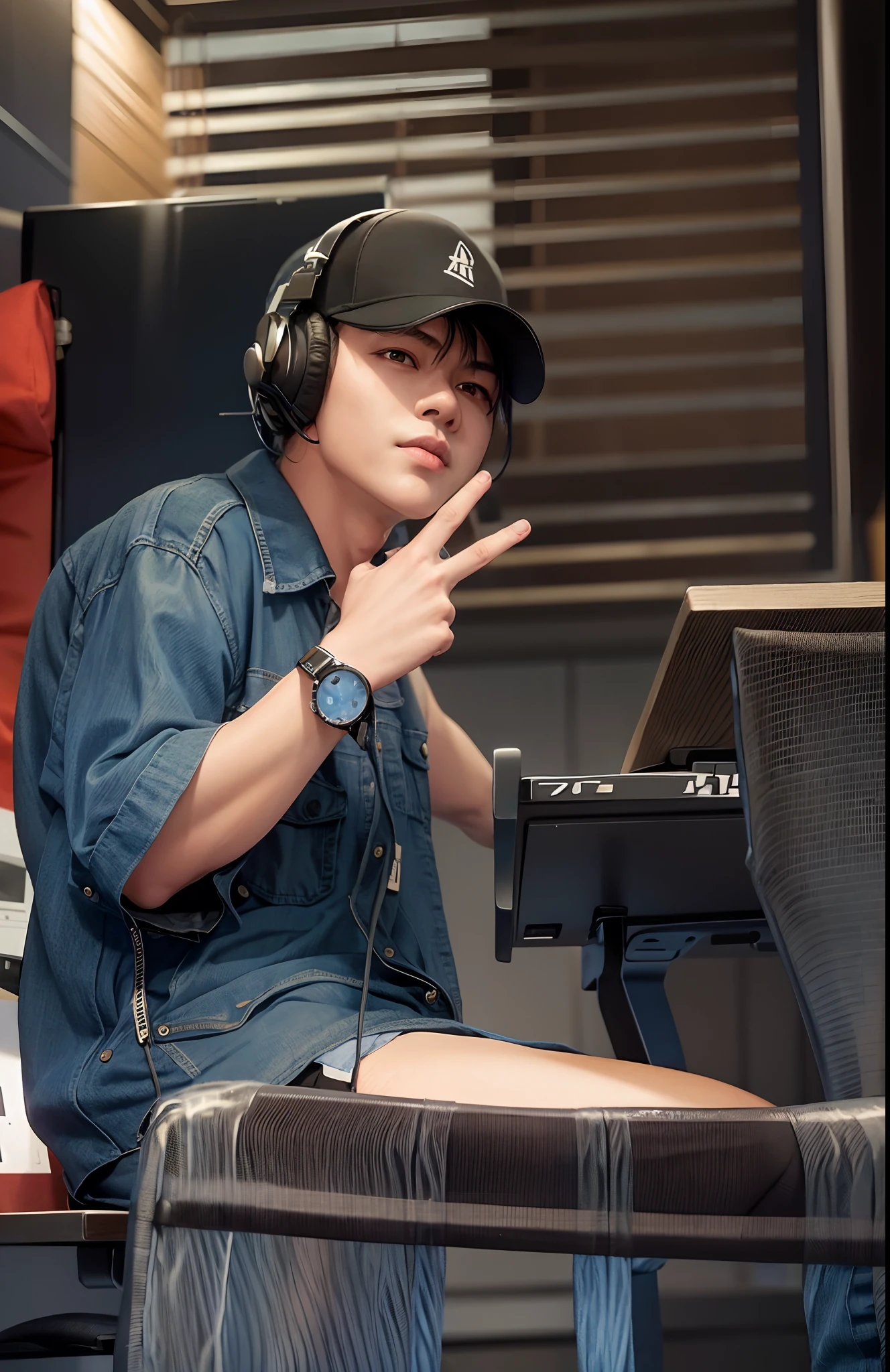 there is a man sitting at a desk with a computer and headphones on,wear black watch and blue denim shirt,and black cap along with headphone, young 20 years old handsome boy, dj sura, random artist, by Abidin Dino, with head phones, new song, mohamed chahin style, with headphones, with index and ring finger,peace hand sign, potrait, with a cool pose, jamming to music, inspired by Rudy Siswanto, semi realism, vocalist