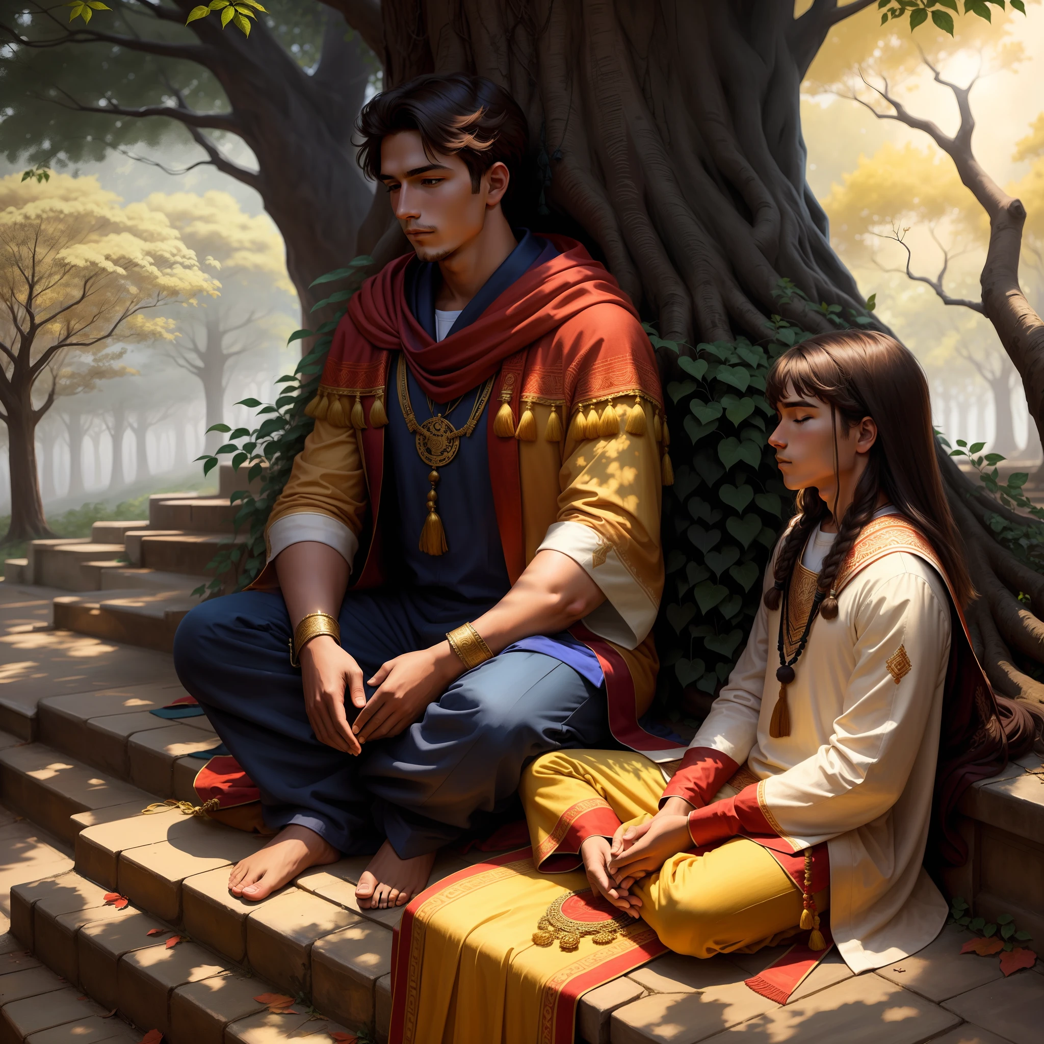 A teenager sits on the steps in front of a towering tree, Uncle in its entirety,Handsome costumes,Meditating, Meditation, a warm color palette