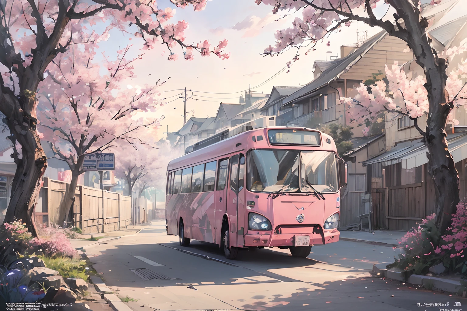 ”a bus journeys west,
the windshield flashing pink,
pink glancing off of metal,
brushing the dented flank
of blue, beat-up enamel.", sakura tree, bloom.(masterpiece:1.2, best quality, digital art, hyperrealistic details, detailed digital art, realistic texture, detailed CG, extremely high detail, digital illustration)