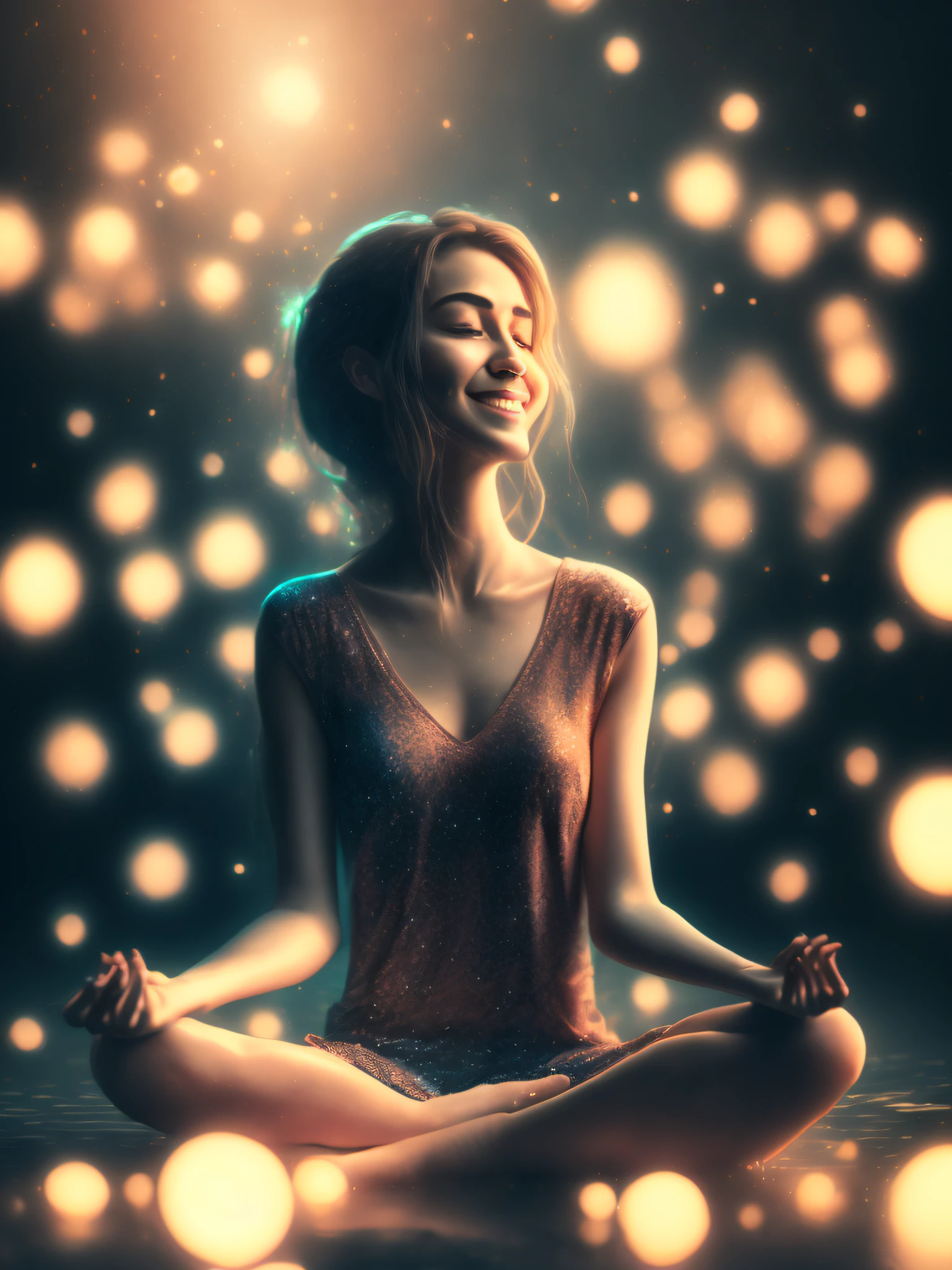 "A serene woman gracefully floating in a lotus pose, radiating a gentle smile, surrounded by a mesmerizing bokeh."