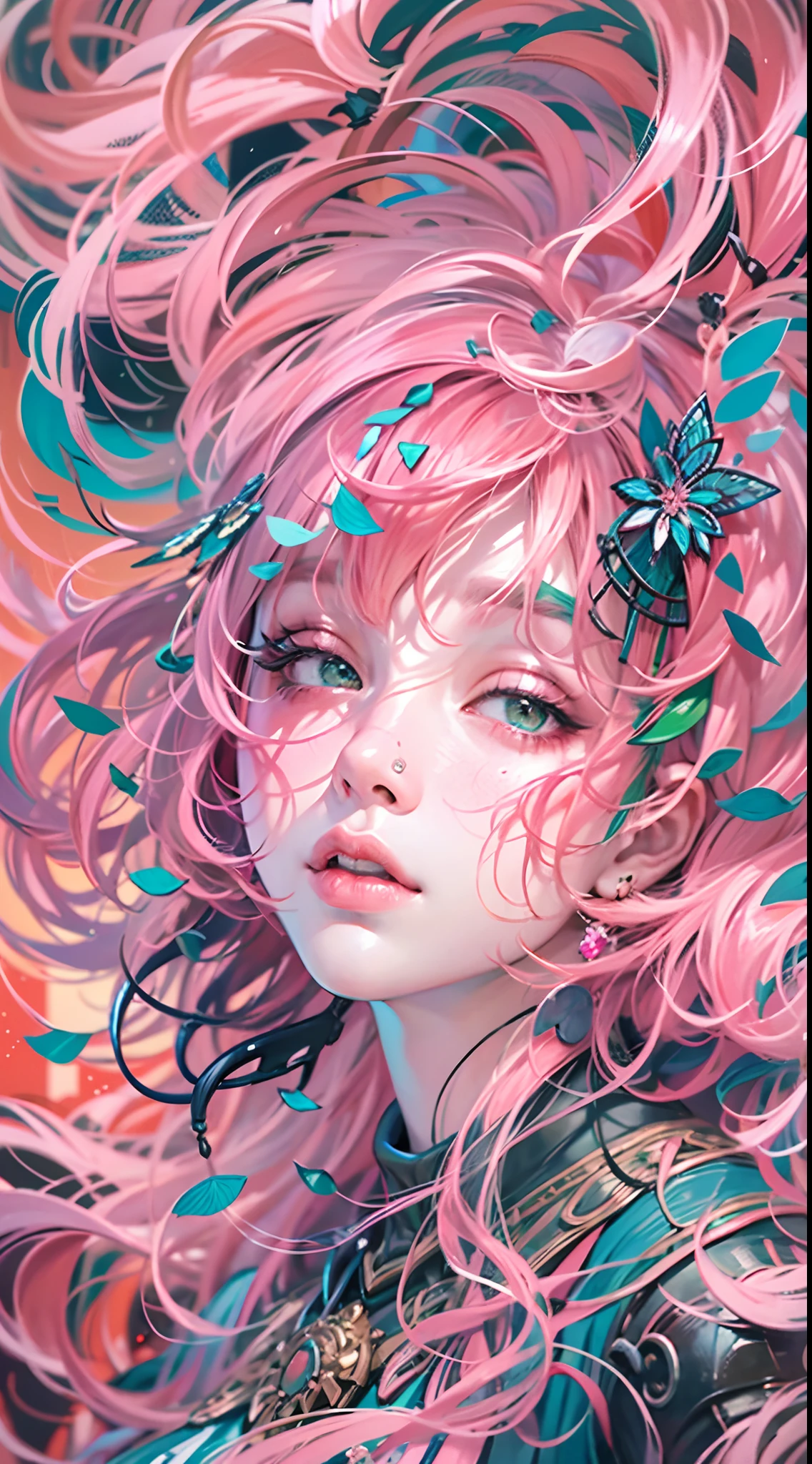 offcial art,统一 8k 壁纸,ultra - detailed,Beauty and aesthetics,tmasterpiece,best qualtiy,(zentangle,datura,Tangles,entangled),(s fractal art:1.3),1girll,Pink hair,Green eyes,The is very detailed,dynamic angle,cow boy shot,The most beautiful form of chaos,elegant,Fauvist design,vivd colour,romanticism lain,James Jean,Robbie Devi Antono,ross tran,Francis Bacon,Michal Mraz,adrian ghenie,petra cortright,Gerhard Richter,Takato Yamamoto,Ashley Wood,Atmospheric,A note of ecstasy,streaming musical notes visible