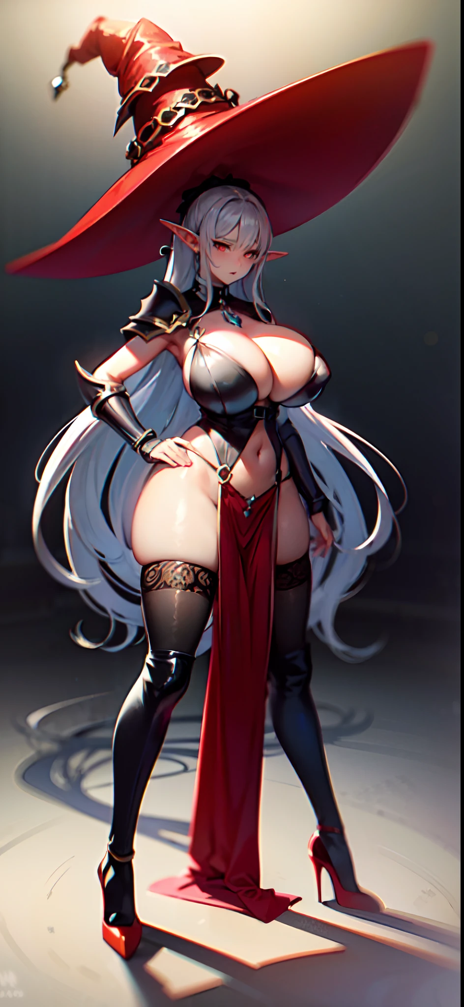 {red} {very long} hairstyle, {{very long}} elf ears, {breast and hips size} ((big breast, big hips)), glowing {red} eyes, {wearing} {{big}}((metal {witch hat})), {wearing} {painted in red and black} heavy metal armor body suit, cleavage chest armor, {wearing big length} metal armor legs, {add wearing} {red} pelvic curtain, {add wearing} shoulder armor, {wearing} ((metal high heels)), highly detailed, masterpiece, excellent art, perfect creation, perfect art, ultra detailed, perfect pose