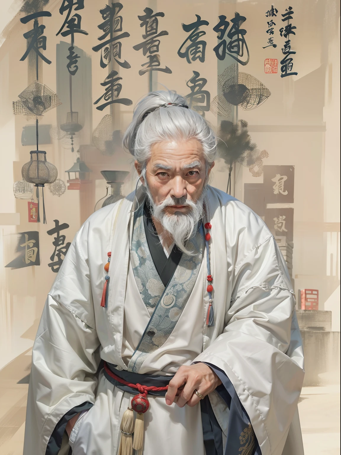 Chinese Ancient Times, An old man, Asian people，gray hair and beard, Black eyes，Thin body, Weakness of the body，standing on your feet, The background is a prison，Look at the camera with determined eyes, dressed white hanfu, There is no pattern，China-style, first person perspective, Masterpiece, ccurate, Anatomically correct, Super detail