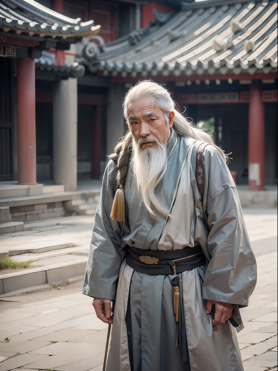 Chinese Ancient Times, An old man, Asian people，gray hair and beard, Black eyes，Thin body, Weakness of the body，standing on your feet, The background is a prison，Look at the camera with determined eyes, dressed white hanfu, There is no pattern，China-style, first person perspective, Masterpiece, ccurate, Anatomically correct, Super detail