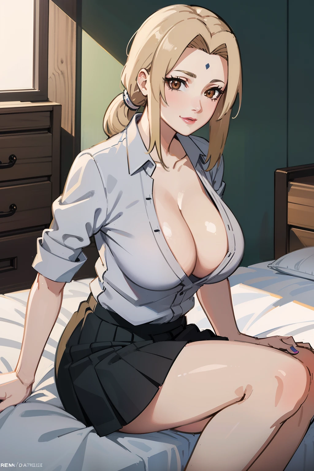 Masterpiece, Best quality, A high resolution, 1 girl, Side lighting, the wallpaper, Masterpiece, Best quality, A high resolution, Tsunade, White school uniform,A half body，Lie down in bed，Beautiful brown eyes, Gorgeous lips,mediuml breasts,Be red in the face，Idiotic laughter