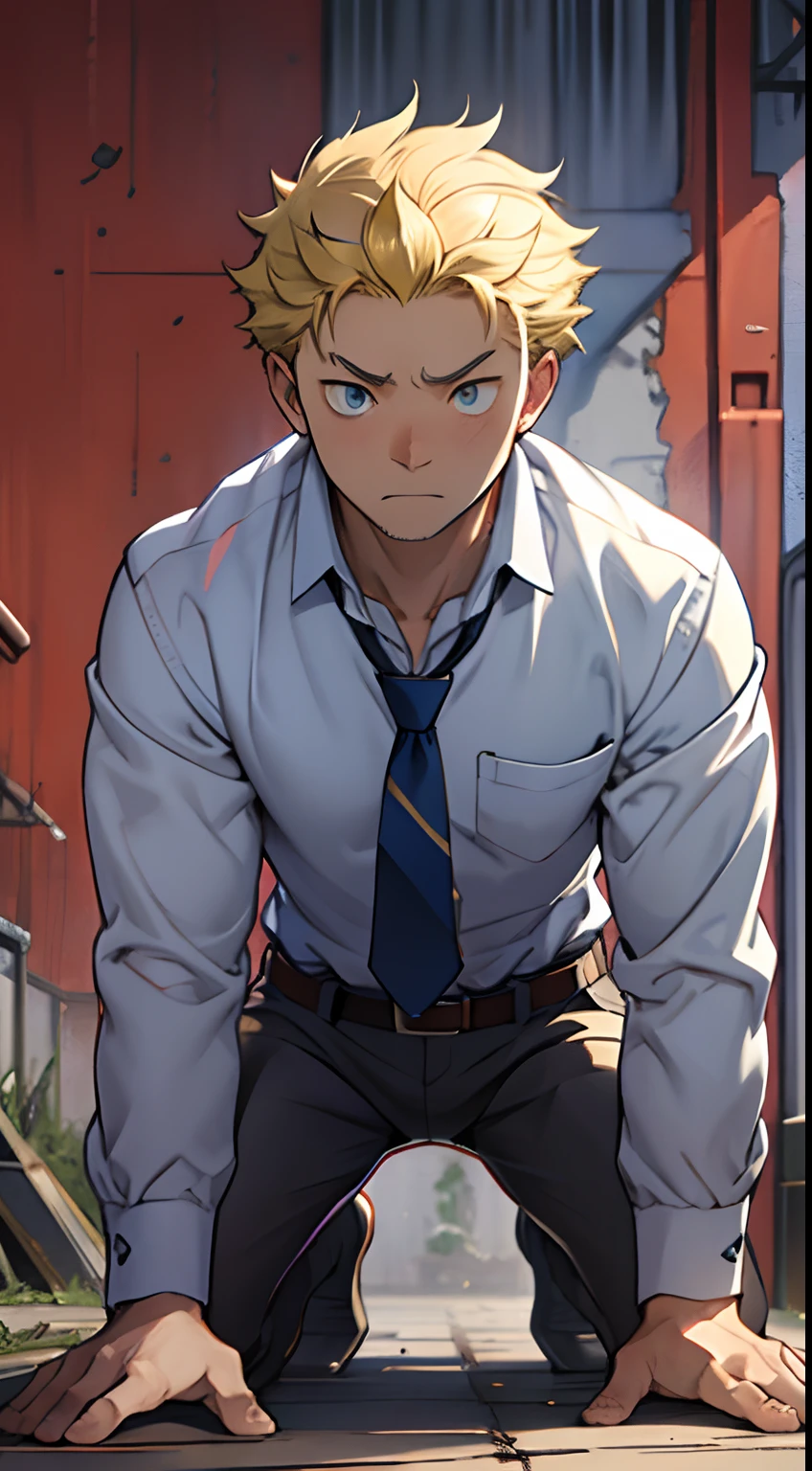 （1 Adult male），A high resolution， Sharp focus， Pixiv masterpiece， （（Complicated details））， highly  detailed， natsuki_subaru， 1 man，Defeat， crestfallen，full bodyesbian，kneels on the ground， （A gesture of pleading），blue color eyes（eyes glowing）， Short yellow hair，white  shirt，Wear a tie，Wear a belt，perspire，look from down